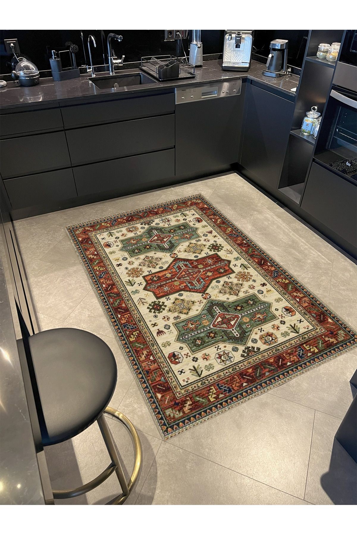 Yeşil Turuncu Temalı Geleneksel Motif Desenli Vintage Dekoratif Halı 4512