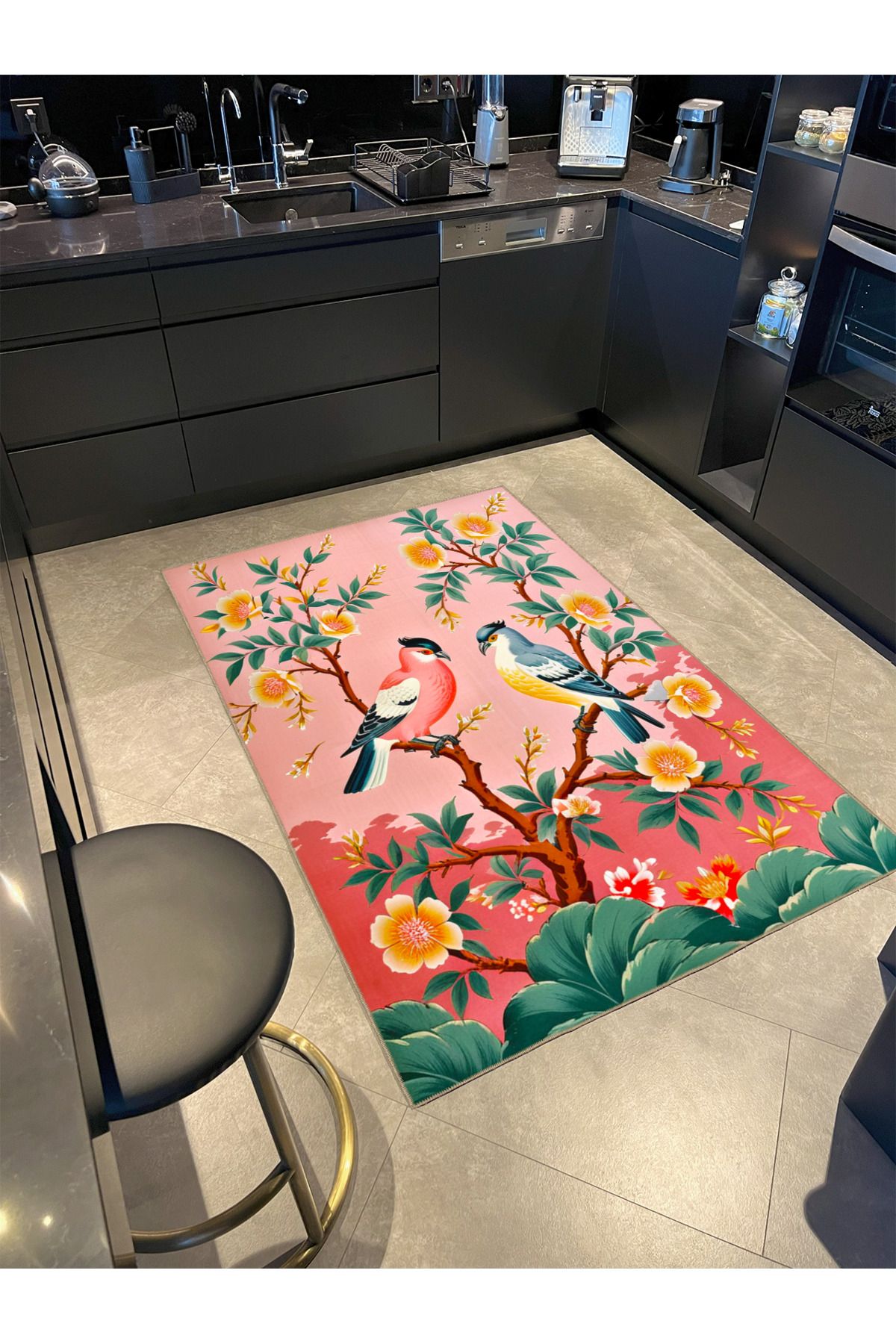 Paris Koleksiyonu Pembe Temalı Çiçekli Ağaç ve Kuş Desenli Modern Dekoratif Halı 114