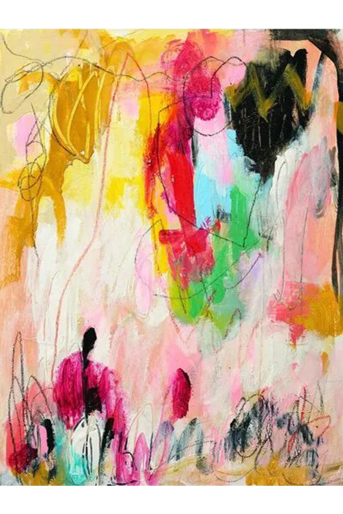 Özge Koleksiyonu Yağlı Boya Görünümlü Çok Renkli Soyut Desenli Dokuma Taban Dekoratif Halı özge19