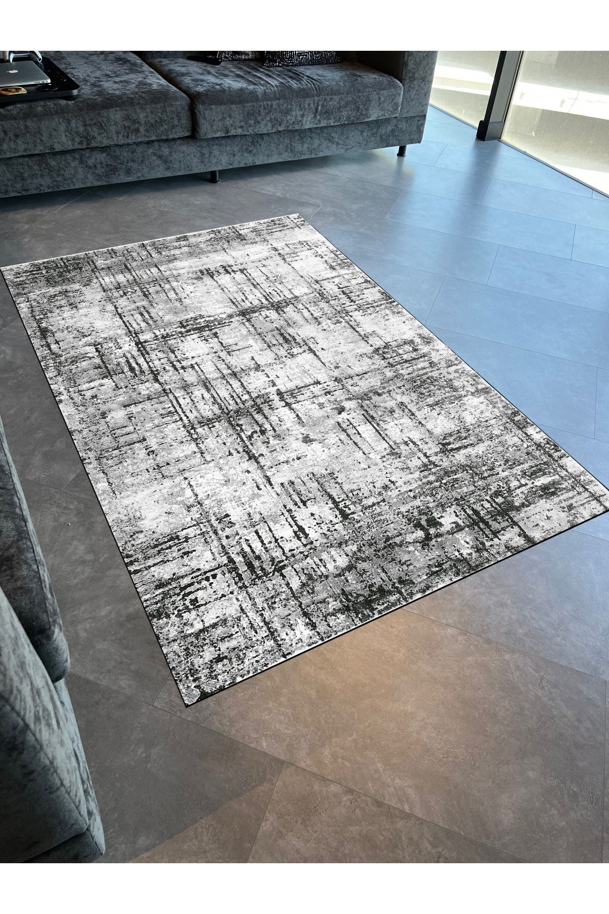 Mira Füme Antrasit Gri Çizgili Modern Dokuma Taban Halı Mira 1333