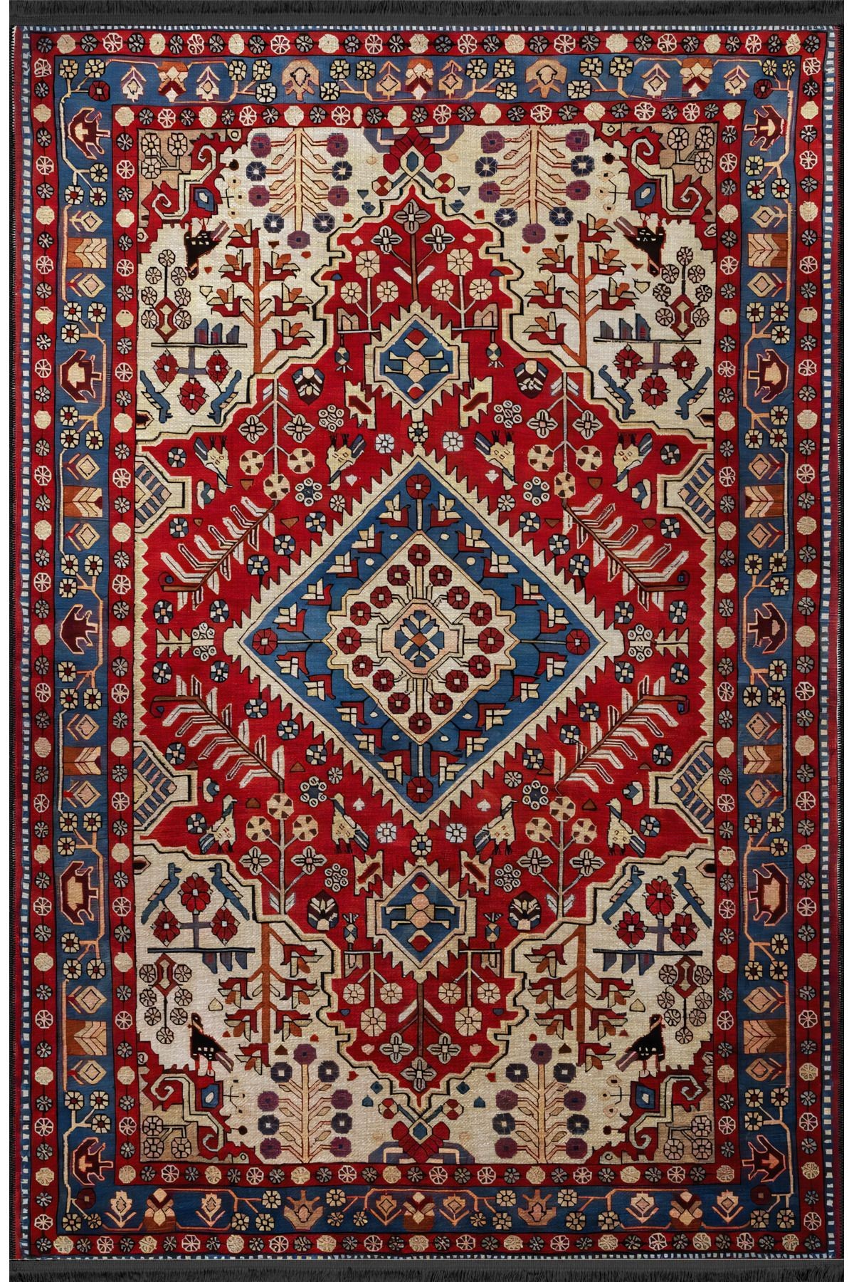 Bordo Temalı Çok Renkli Geleneksel Motif Etnik Desenli Vintage Dekoratif Halı 2573
