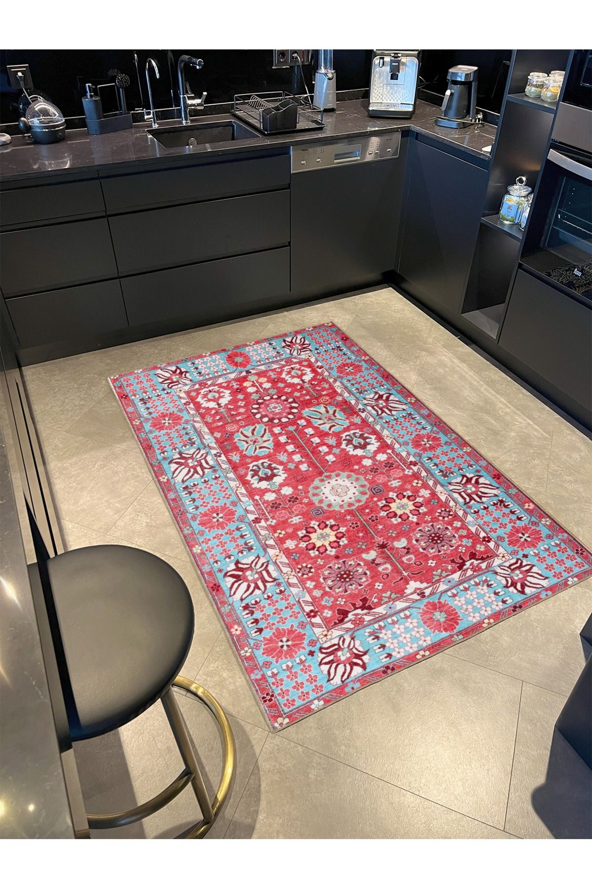 Kırmızı Geometrik Temalı Desenli Dokuma Taban Halı ve Yıkanabilir Halı aloha44