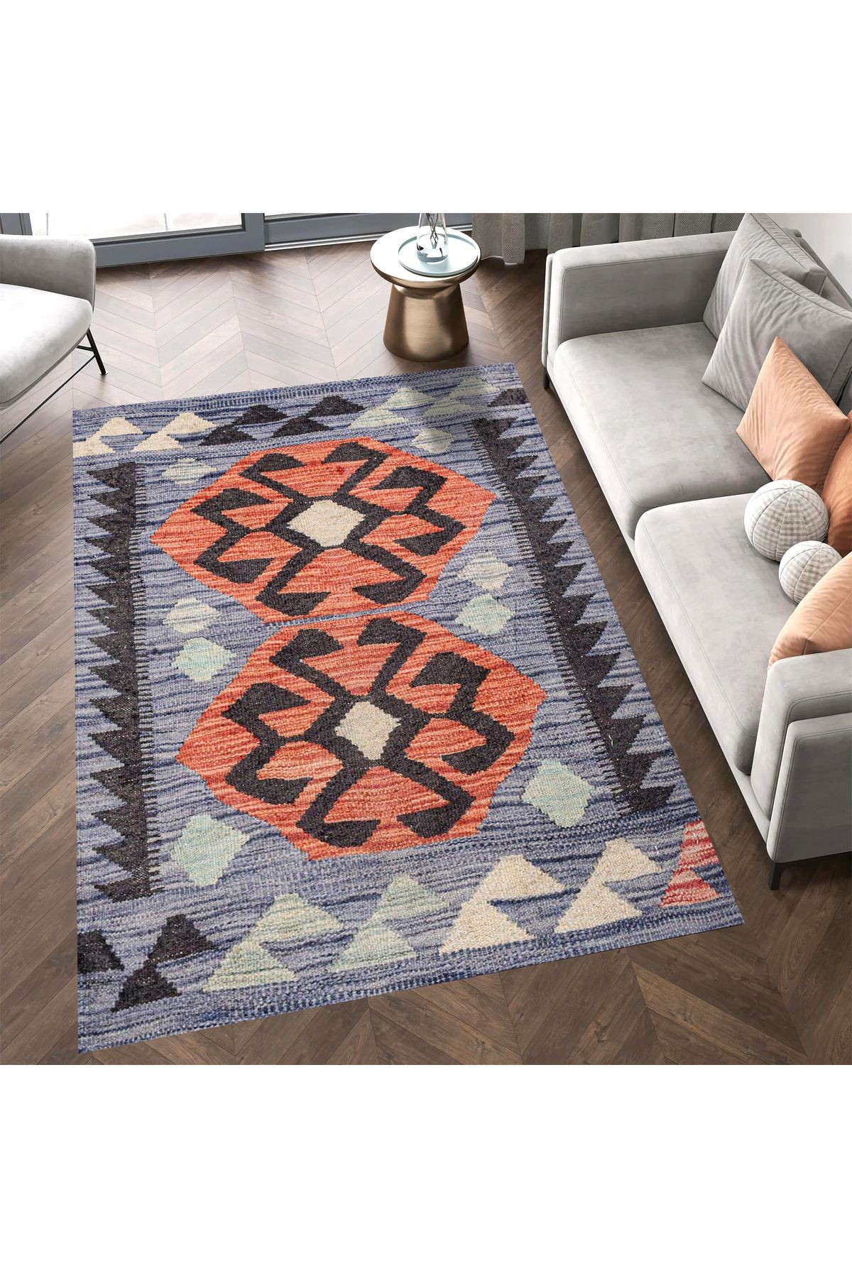 Mete Koleksiyonu Gri ve Turuncu Temalı Geometrik Detaylı Klasik Desenli Vintage Dekoratif Halı 33
