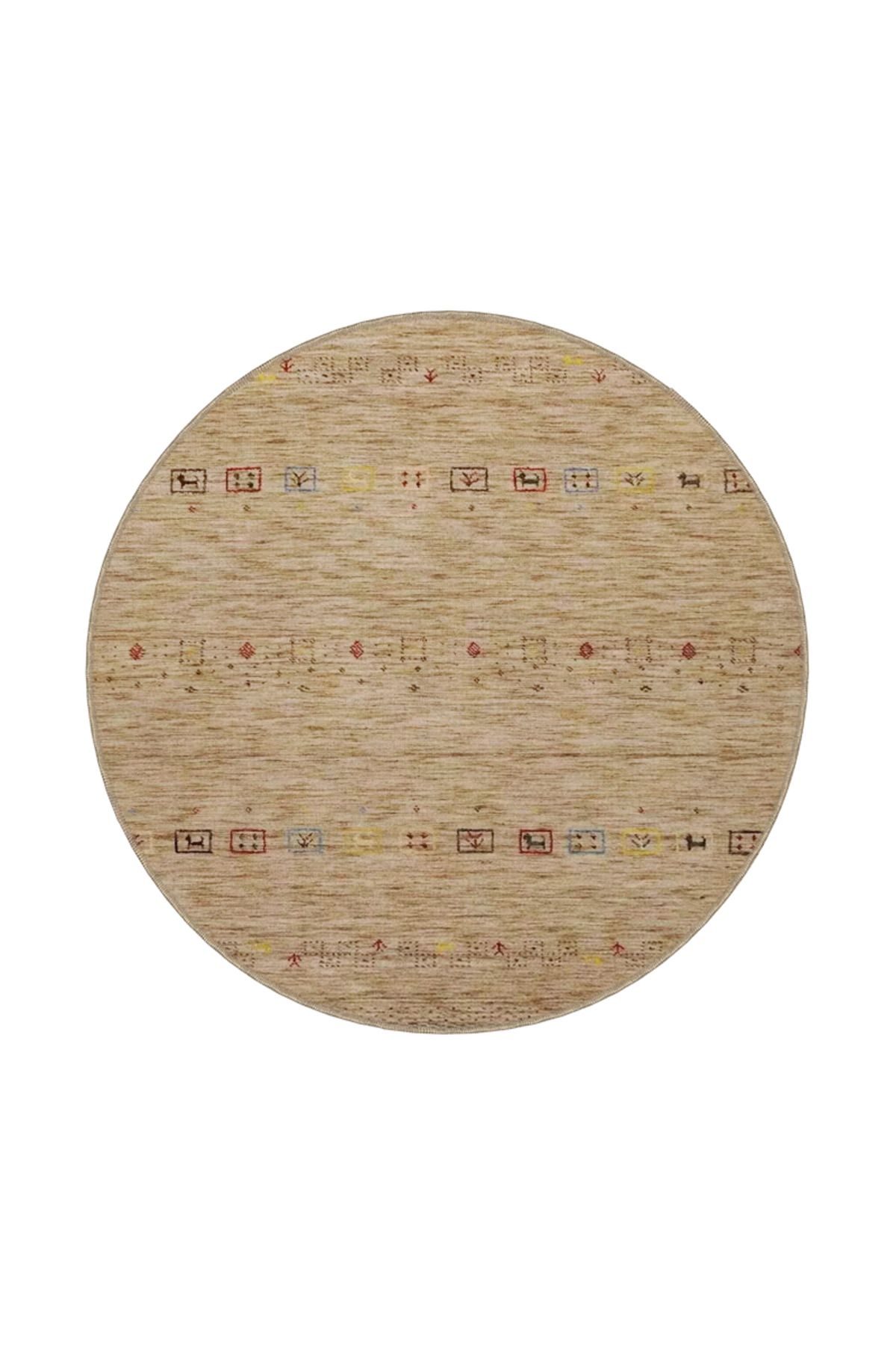 Hasır Renklerde Etnik Desenli Dekoratif Halı miravip876