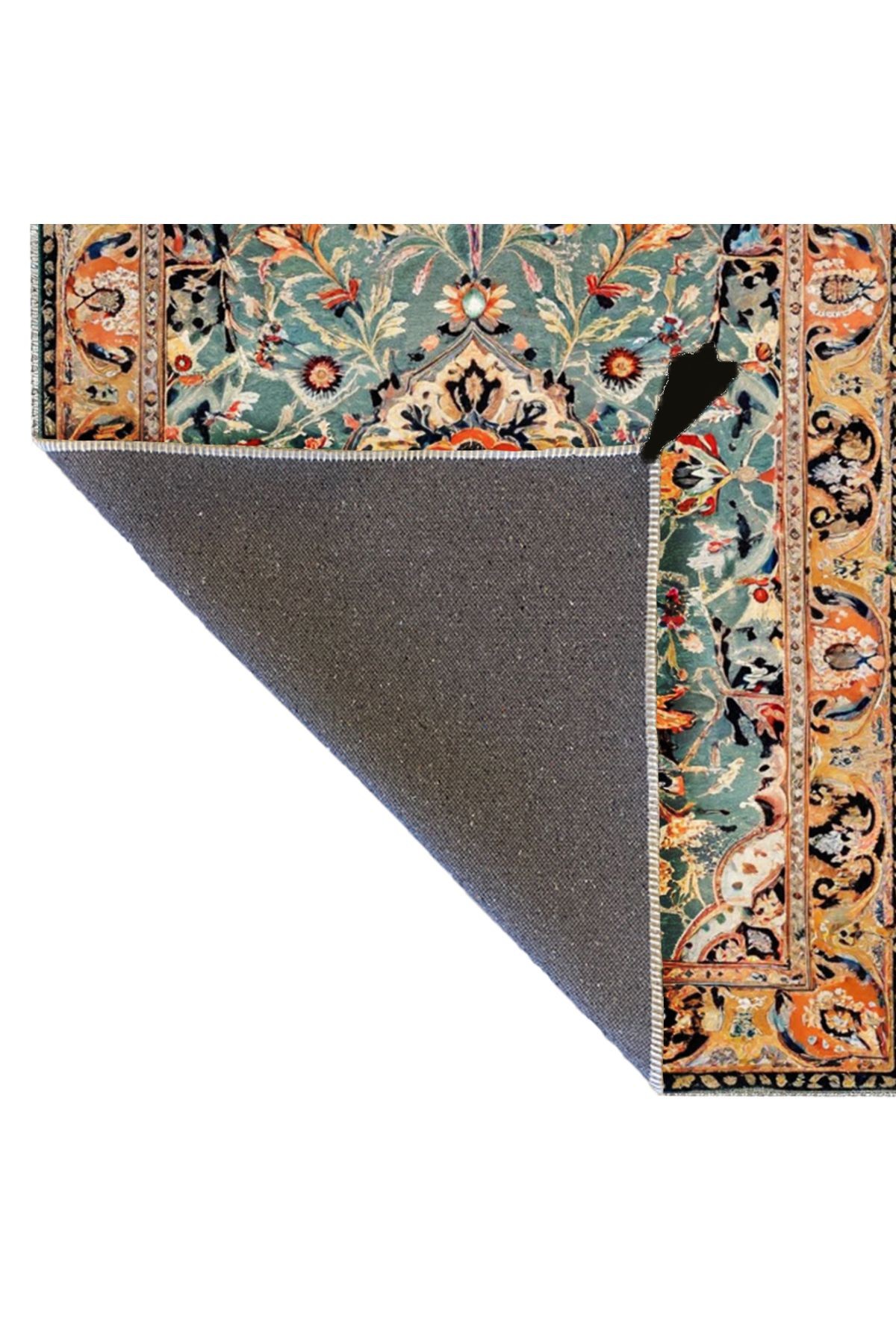 Tokyo Koleksiyonu Turkuaz Ton Etnik Motifli ve Floral Desenli Dokuma Taban Vintage Dekoratif Halı 14