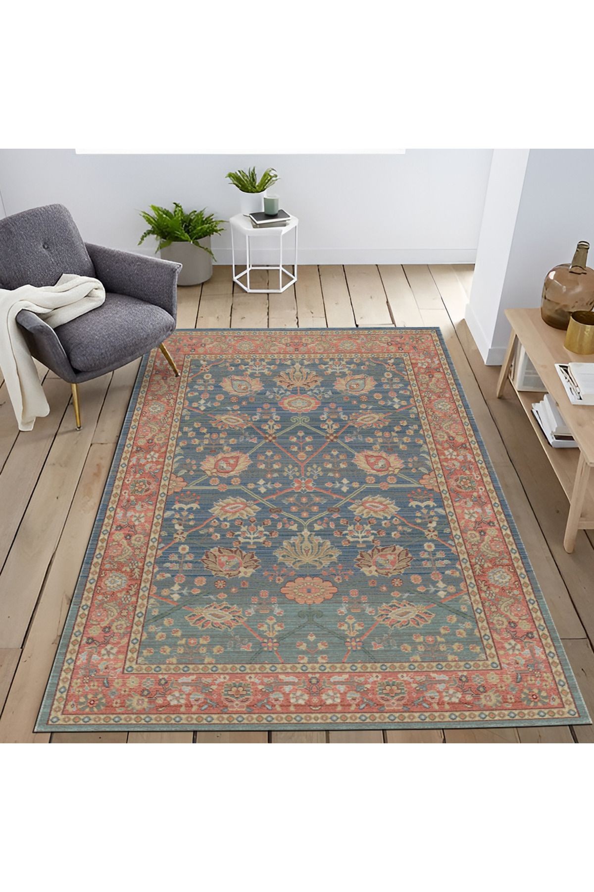 Mira Mavi Kırmızı Geleneksel Çiçek Motif Desen Dekoratif Halı Mira 1542