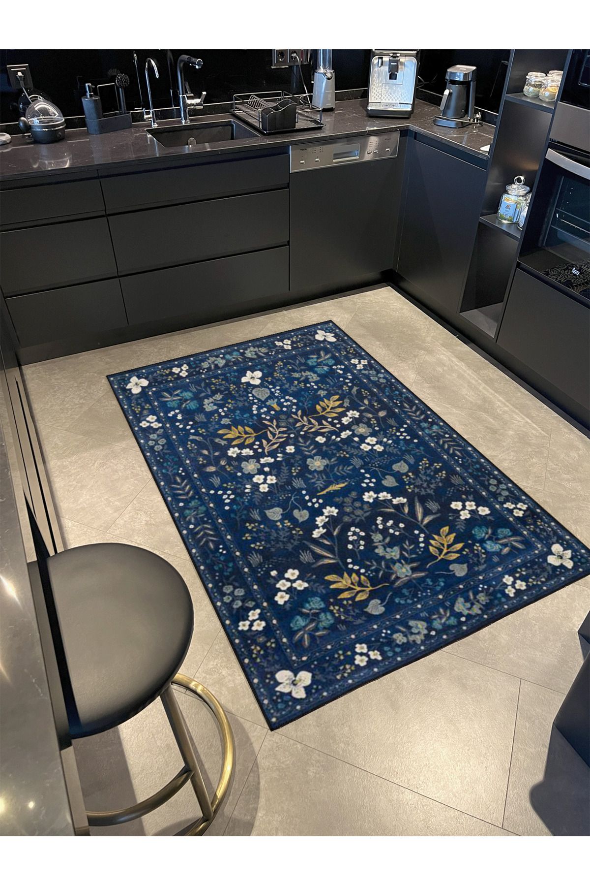 Lacivert Renkli Çiçekli Floral Geometrik Modern Dekoratif Halı miravip156