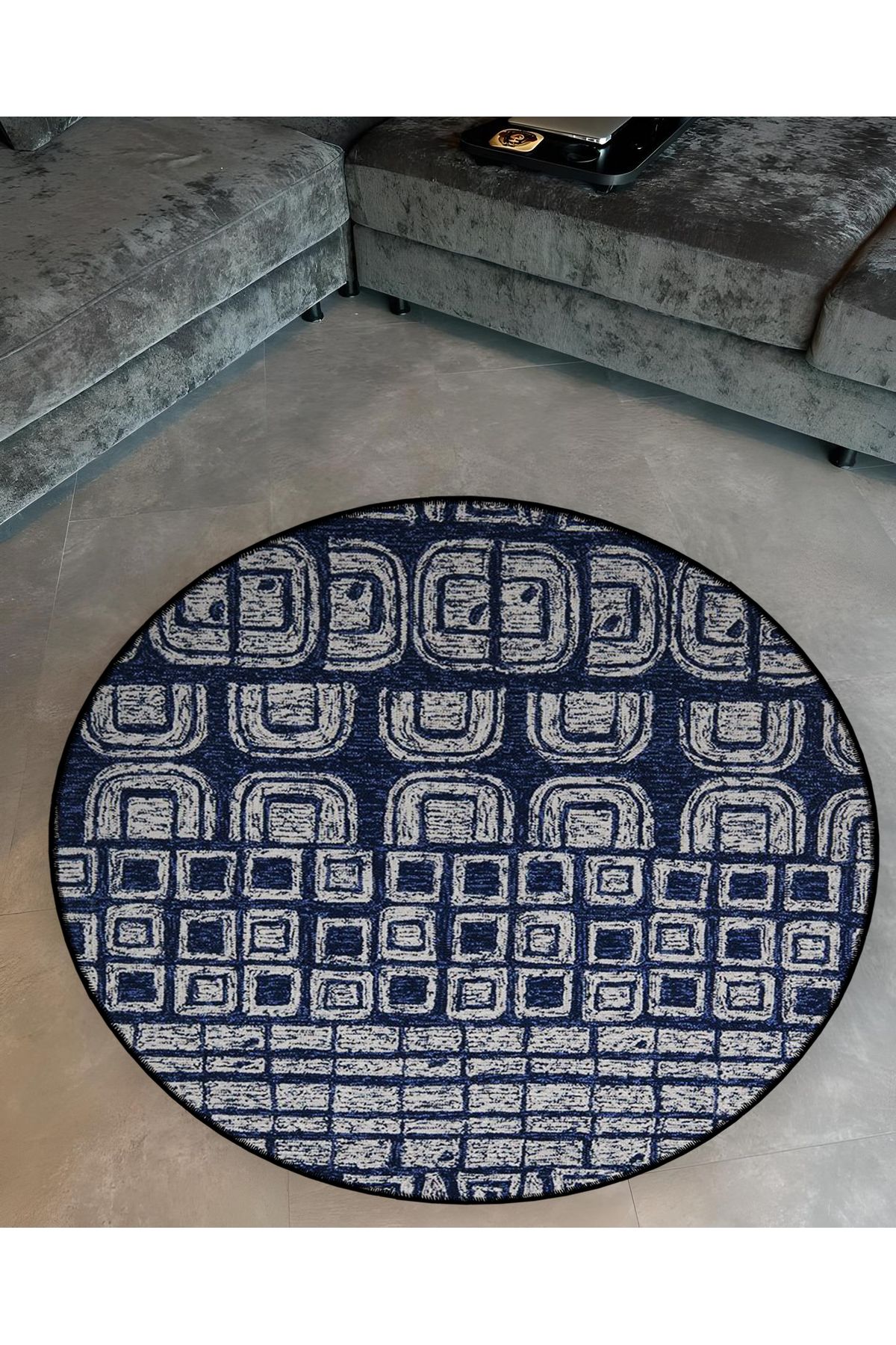 Lacivert Temalı Geometrik Desenli Yuvarlak Dokuma Taban Modern Dekoratif Halı 6130