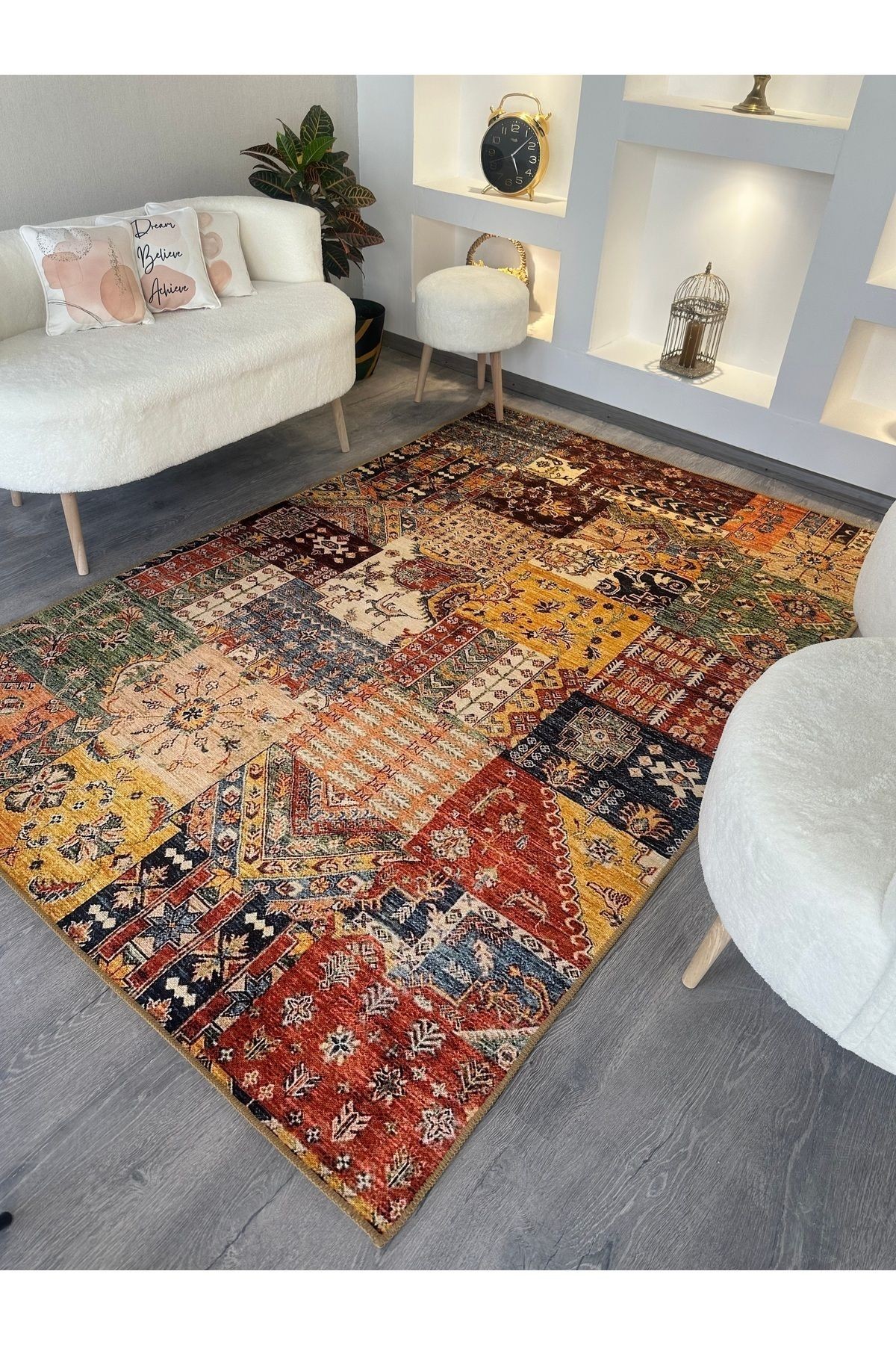 Cansu Koleksiyonu Patchwork Görünümlü Çok Renkli Dokuma Taban Modern Dekoratif Halı cansu07