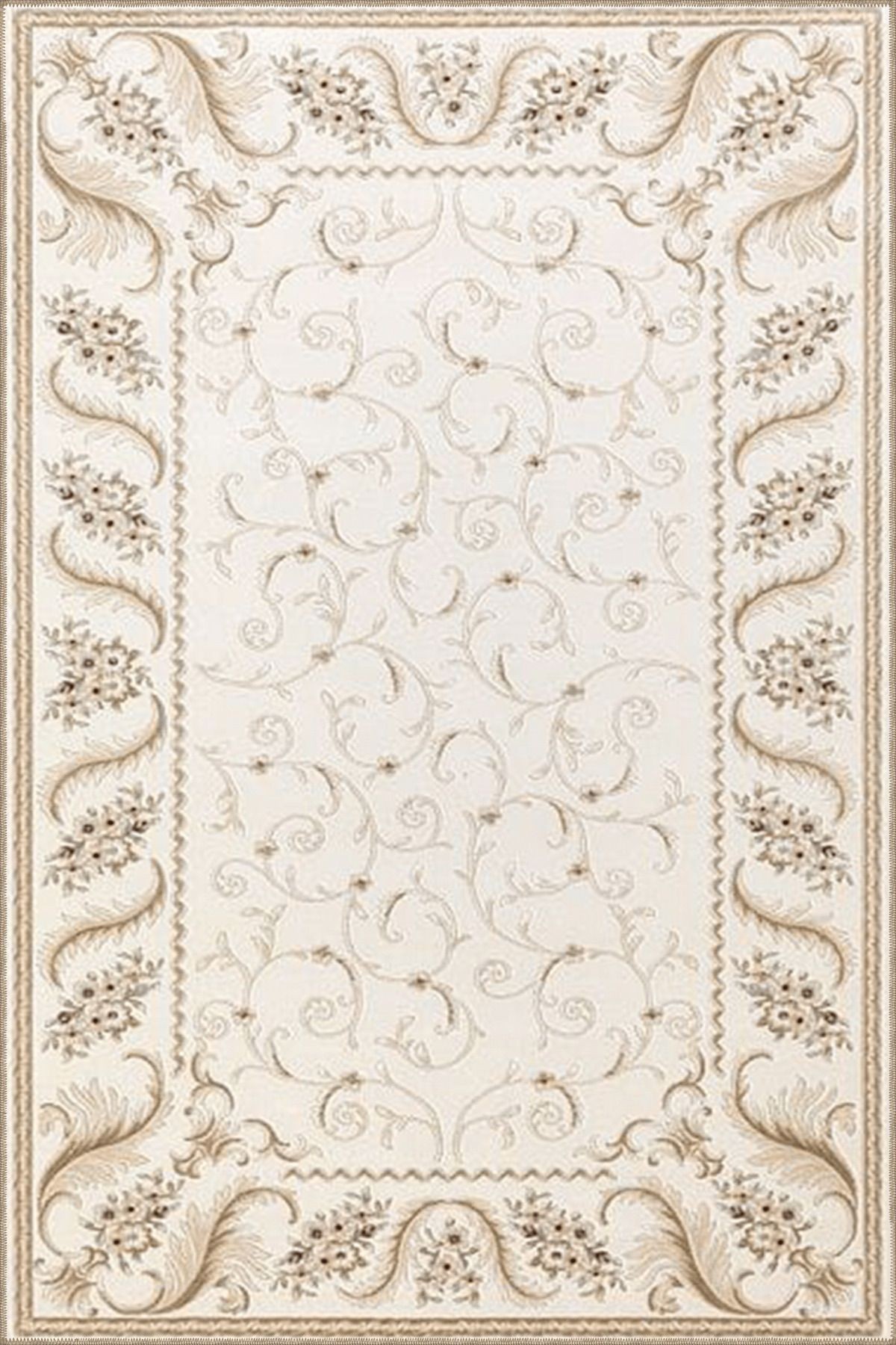 Bej Temalı Geleneksel Motif Sarmaşık Desenli Vintage Dekoratif Halı 4891