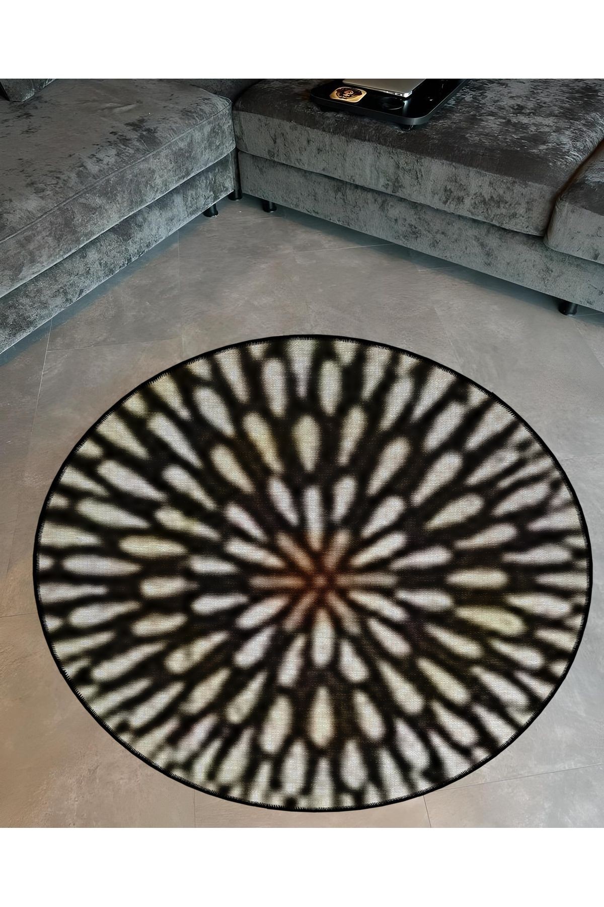 Bej Siyah Ton Geometrik Desenli Yuvarlak Dokuma Taban Modern Dekoratif Halı 6040