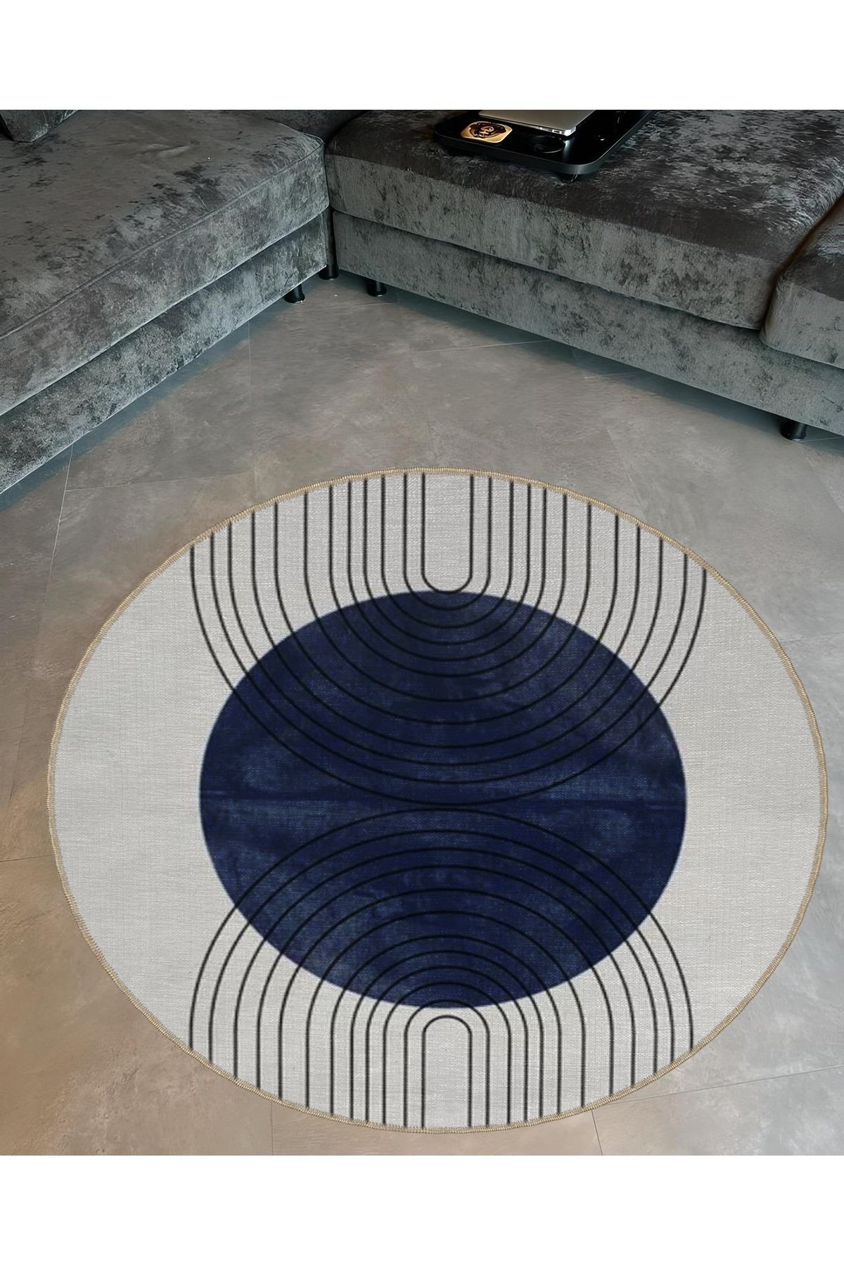 Mavi Gri Temalı Geometrik Daire ve Çizgili Desenli Yuvarlak Dokuma Taban Modern Dekoratif Halı 6026