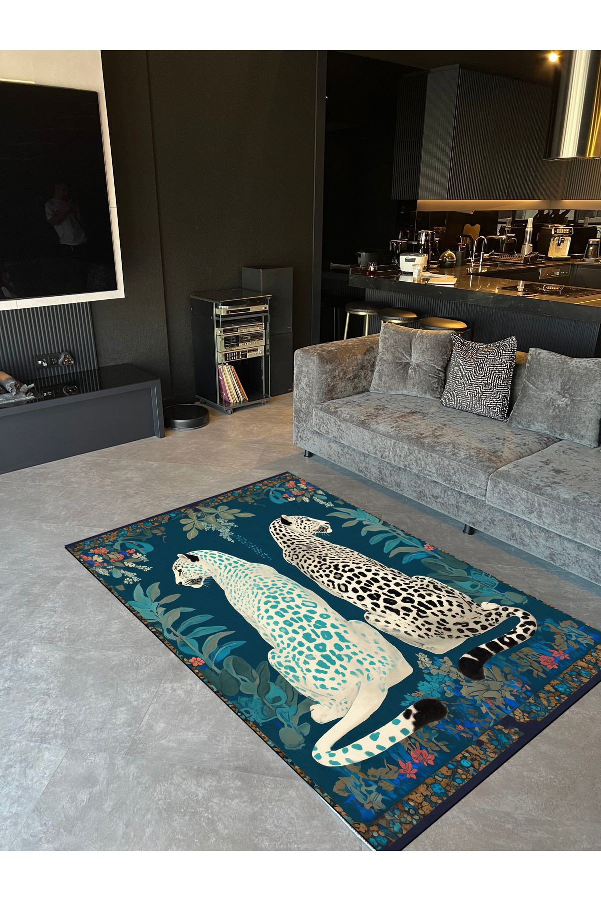 Paris Koleksiyonu Yeşil Tonlarda Çiçek Detaylı İki Kaplan Desenli Modern Dekoratif Halı paris15