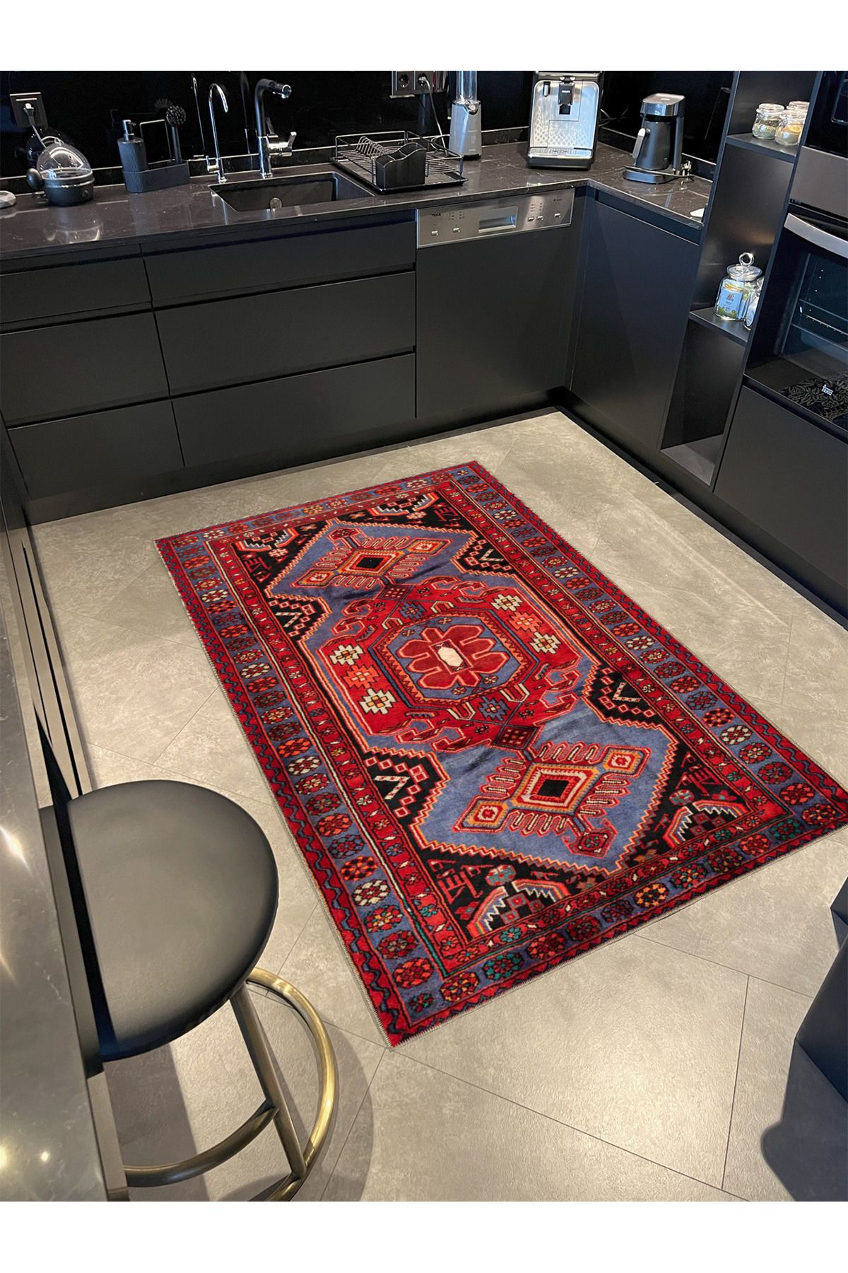 Mavi Kırmızı Temalı Motifli Etnik Desenli Vintage Dekoratif Halı 4785