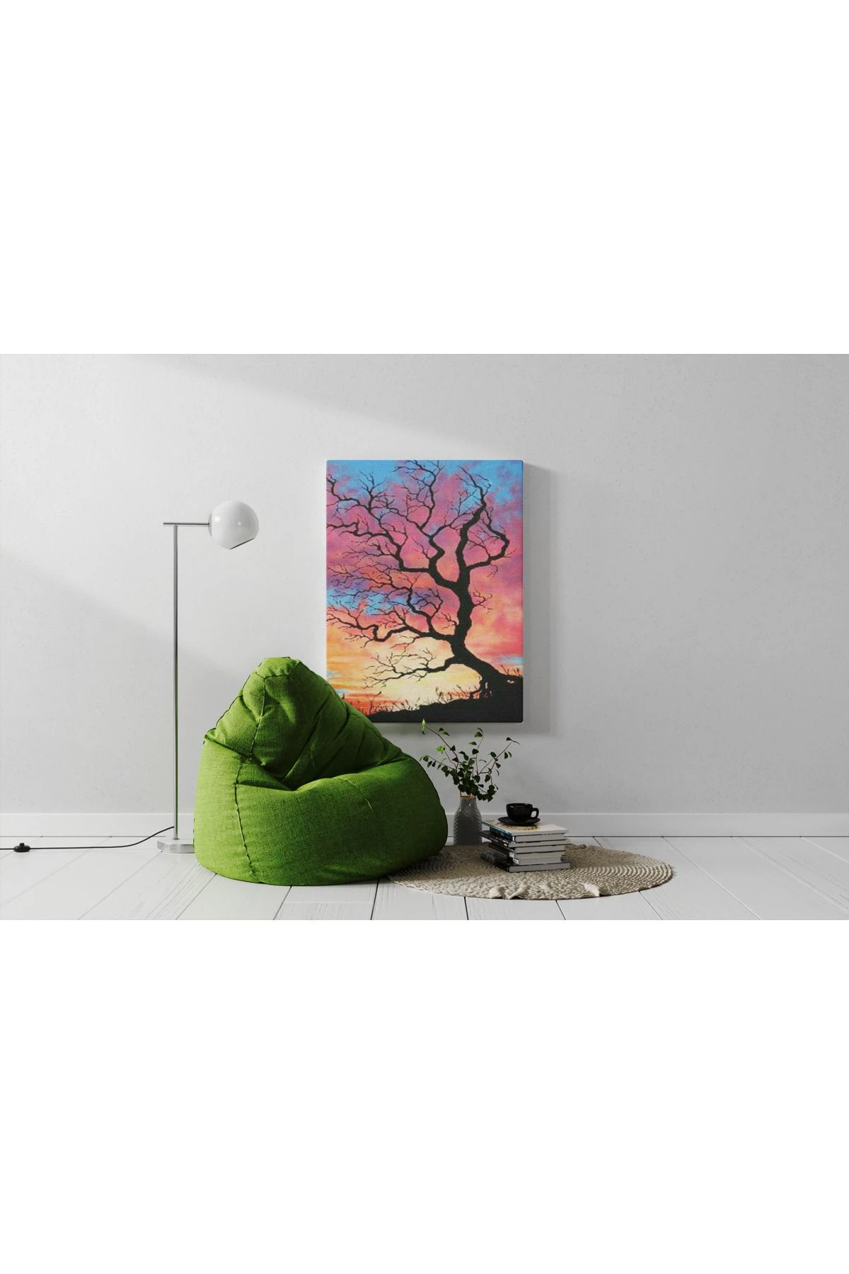 Kanvas Tablo Gün Batımı ve Kuru Ağaç Desenli Temalı Tablo