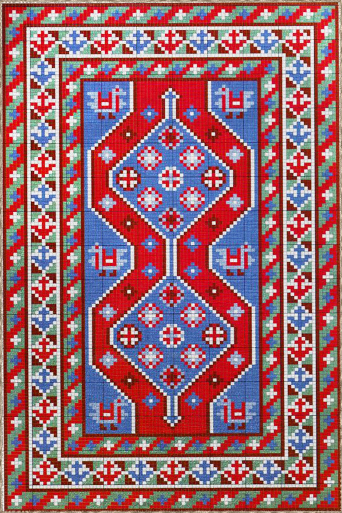 Kırmızı Mavi Renkli Etnik Desenli Geometrik Dokuma Taban Halı 4258