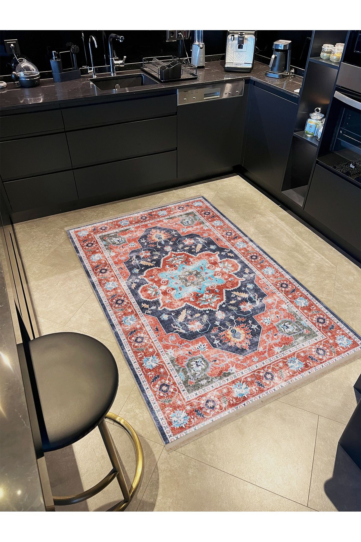 Asya Koleksiyonu Eskitme Görünümlü Kırmızı Gri Dokuma Taban Modern Dekoratif Halı asya44