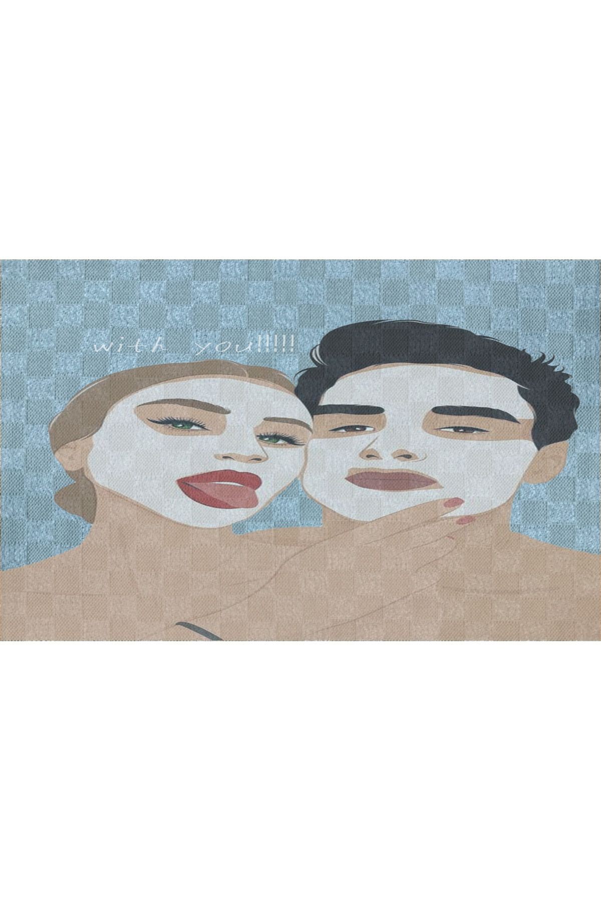 Mavi Bej Temalı Erkek ve Kadın Portre Desenli Modern Dekoratif Banyo Paspası 90×60