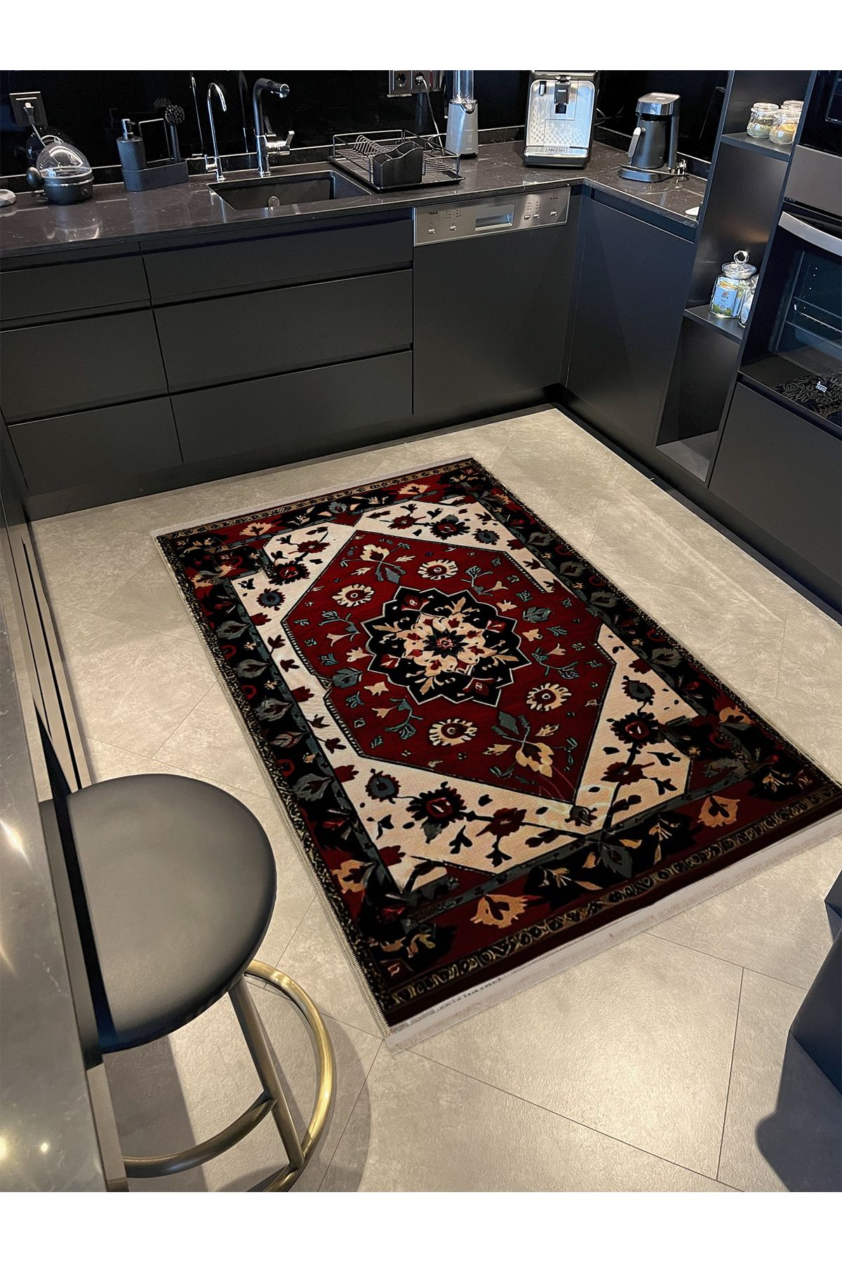 Mira Vintage Bordo Bej Geleneksel Temalı  Çiçek Desenli Dokuma Taban Yıkanabilir Halı miravintage07