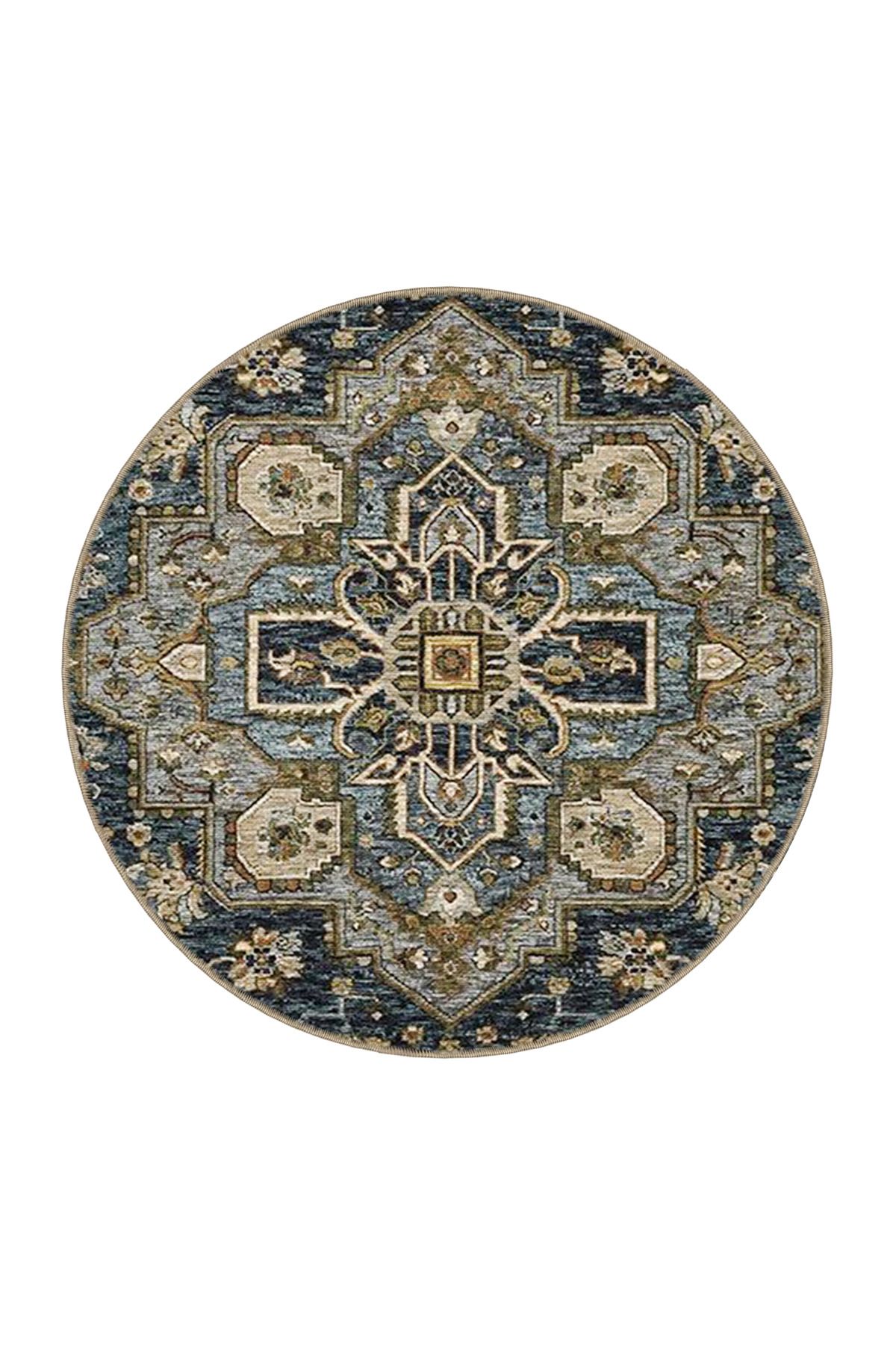 Lacivert Temalı Çok Renkli Geleneksel Motif Desenli Vintage Dekoratif Halı 4584