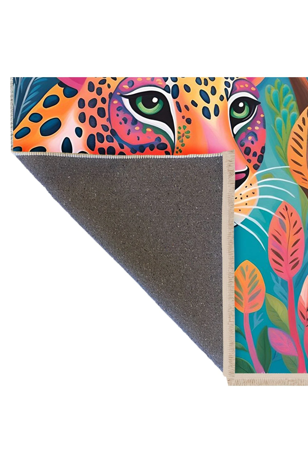 Özge Koleksiyonu Çok Renkli Yeşil Gözlü Kaplan Desenli Dokuma Taban Modern Dekoratif Halı özge45