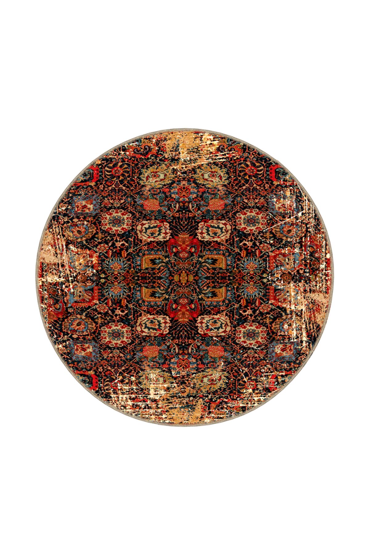 Turuncu ve Karışık Renkli Çiçekli Floral Geometrik Modern Dekoratif Halı miravip206