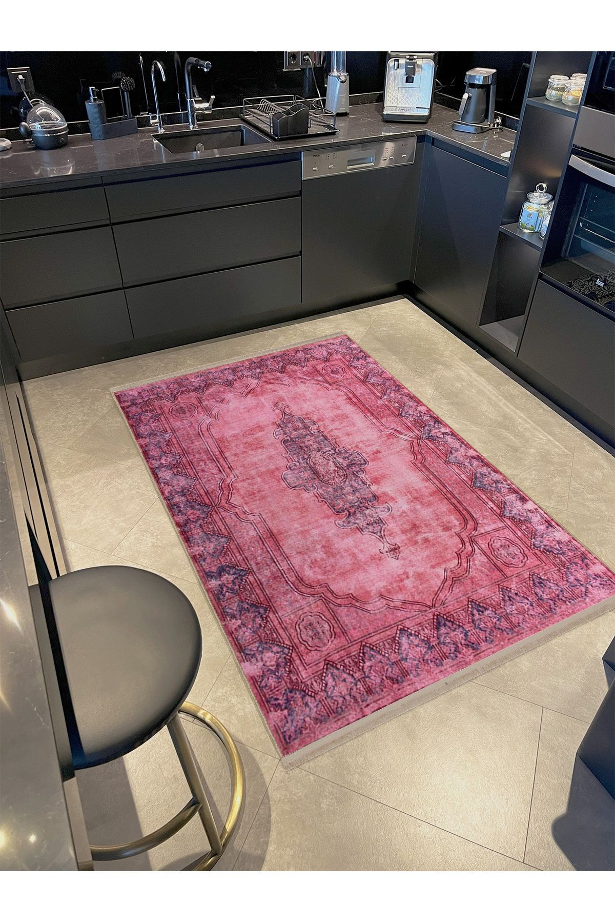 Hilal Koleksiyonu Eskitme Görünümlü  Pembe Antik Desen Dokuma Taban Dekoratif Halı hilal22