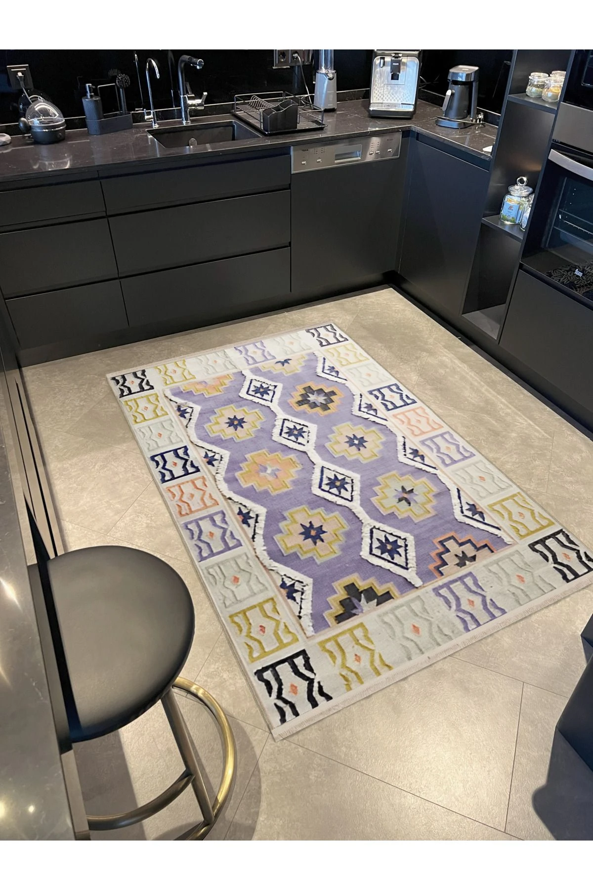 Sarı Mor Temalı Geometrik Şekil Desenli Kreatif Dekoratif Halı 1956