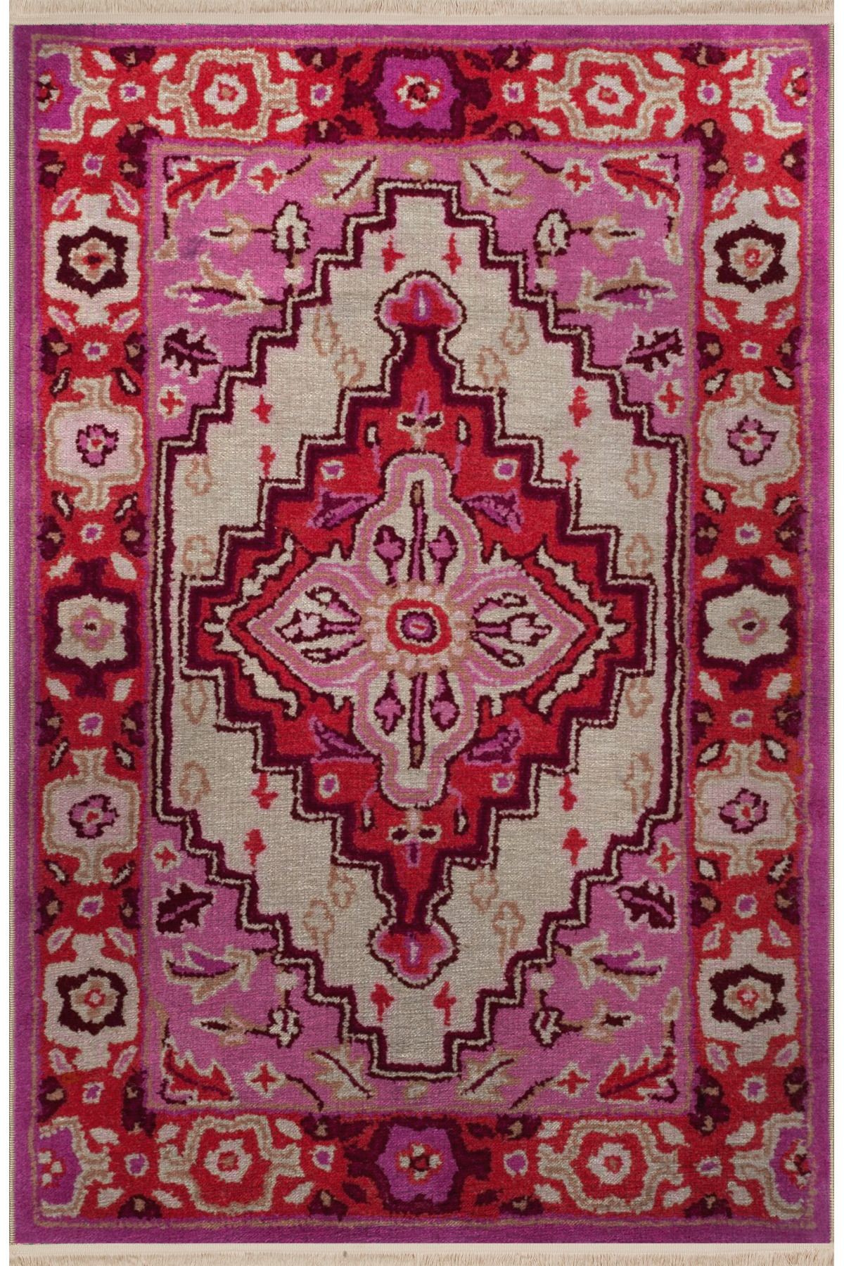 Pembe Temalı Geleneksel Motif Etnik Desenli Kreatif Vintage Dekoratif Halı 2763
