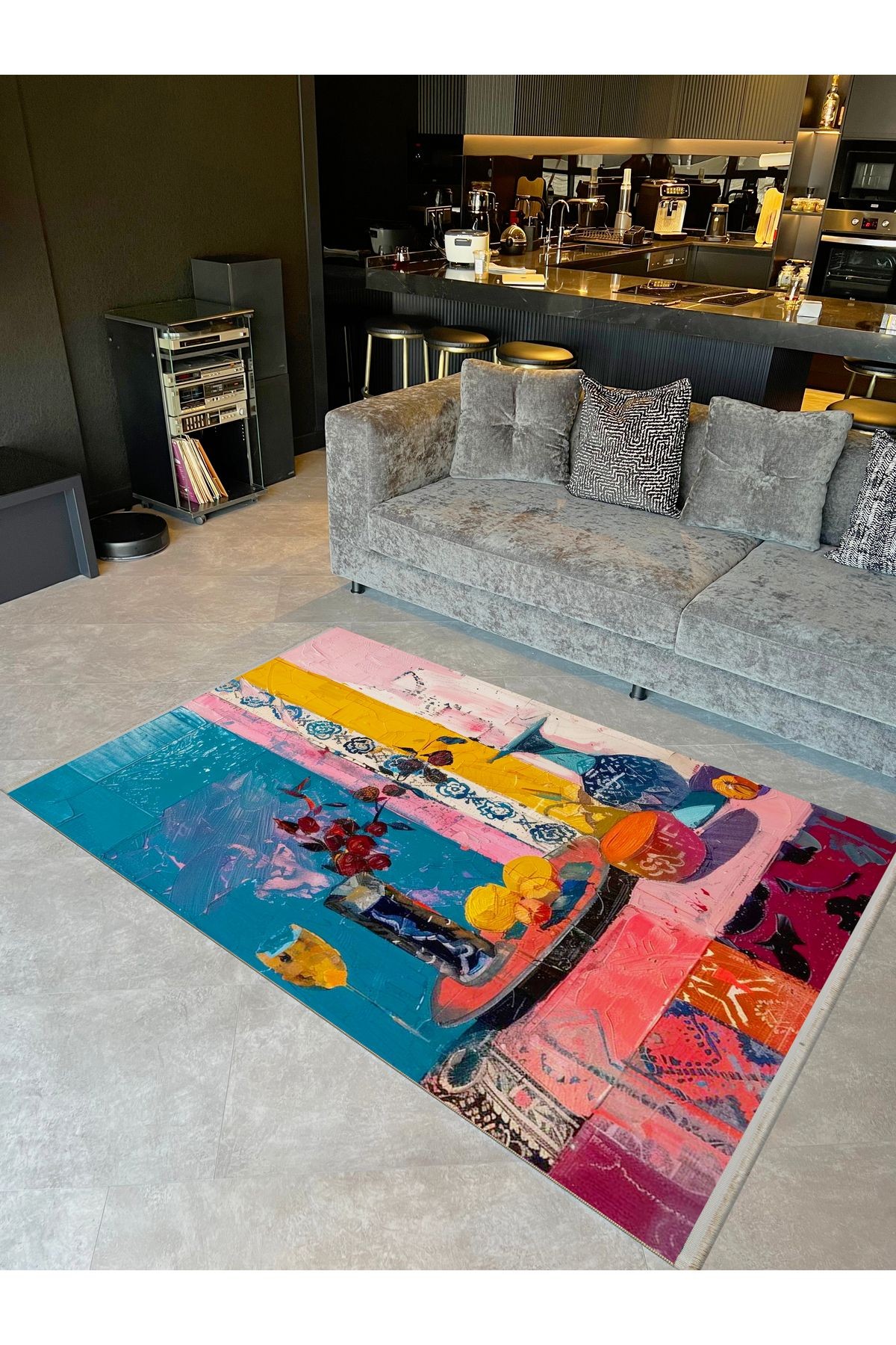 Asena Koleksiyonu Pastel Renkler Sanatsal Piknik Masası ve Vazo Desenli Modern Dekoratif Halı 38