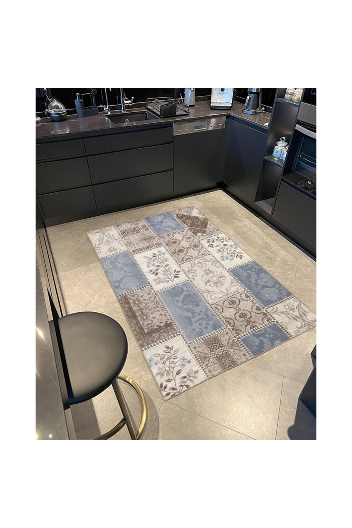 Mavi Gri Geometrik Soyut Desenli Dokuma Taban Halı 4433