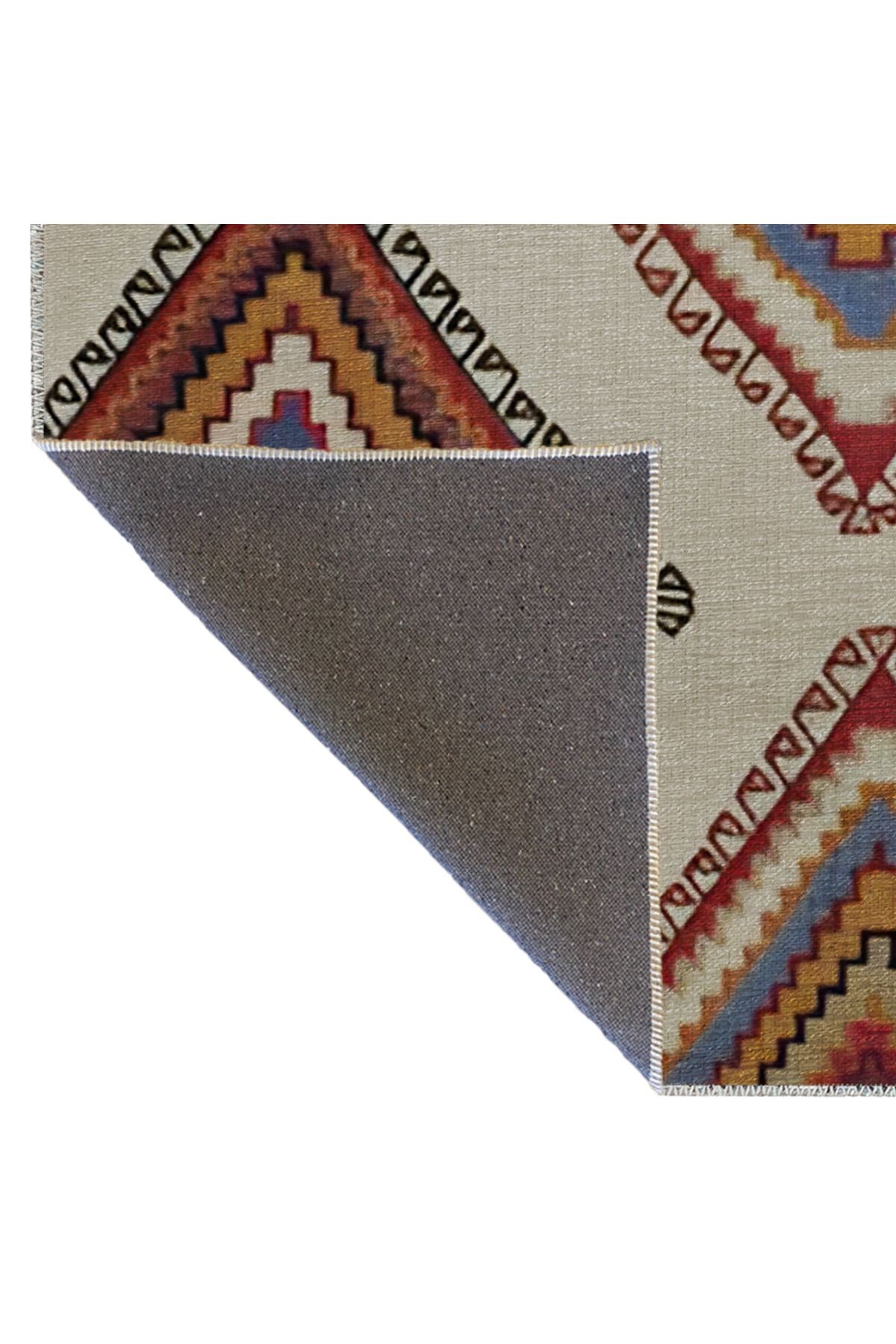 Bej Temalı Çok Renkli Etnik Geometrik Dörtgen Motif Desenli Modern Dekoratif Halı 2343