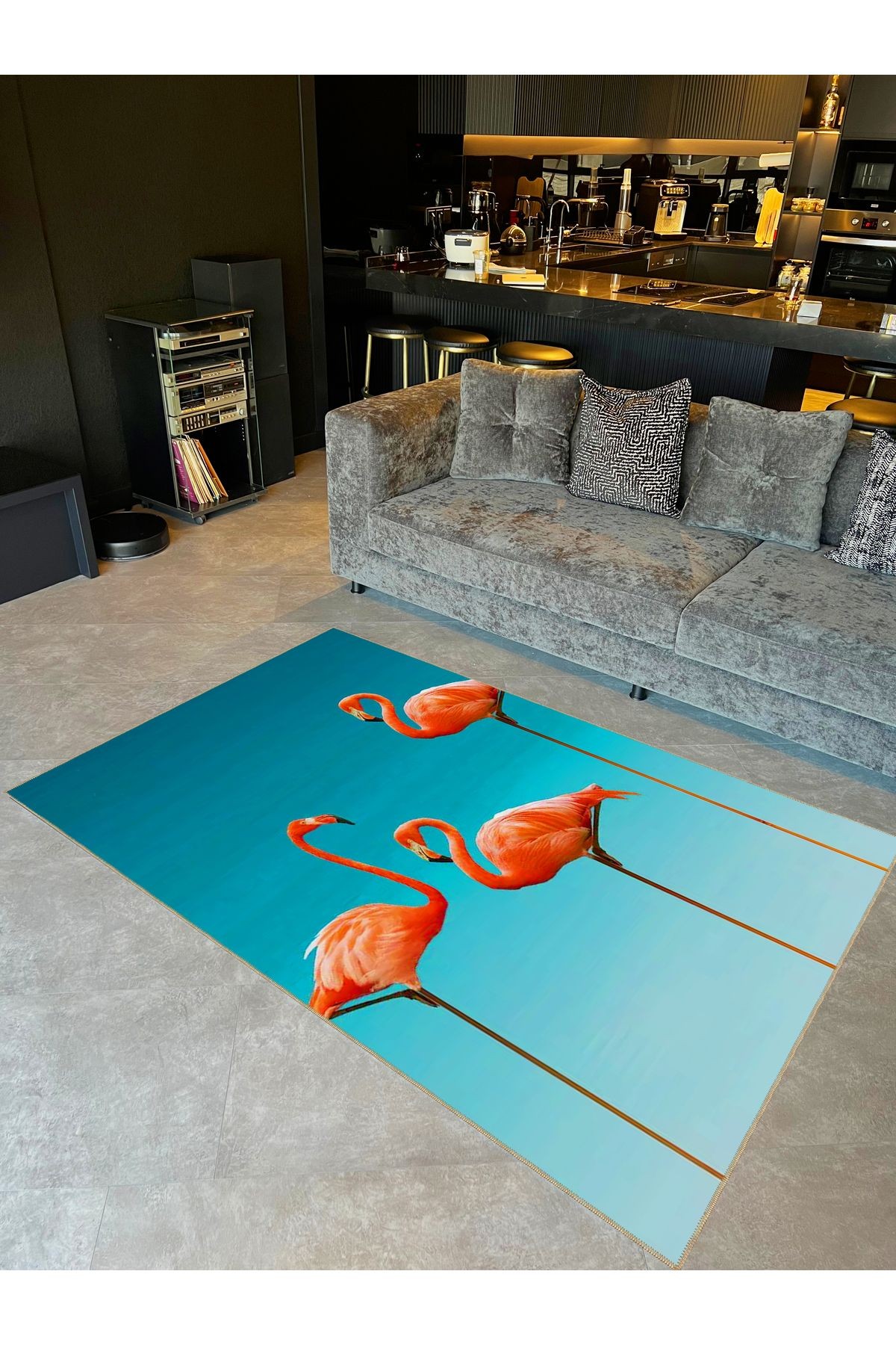 Tuğrul Koleksiyonu Gök Mavi Temalı Flamingo Ailesi Desenli Dokuma Taban Modern Dekoratif Halı 04