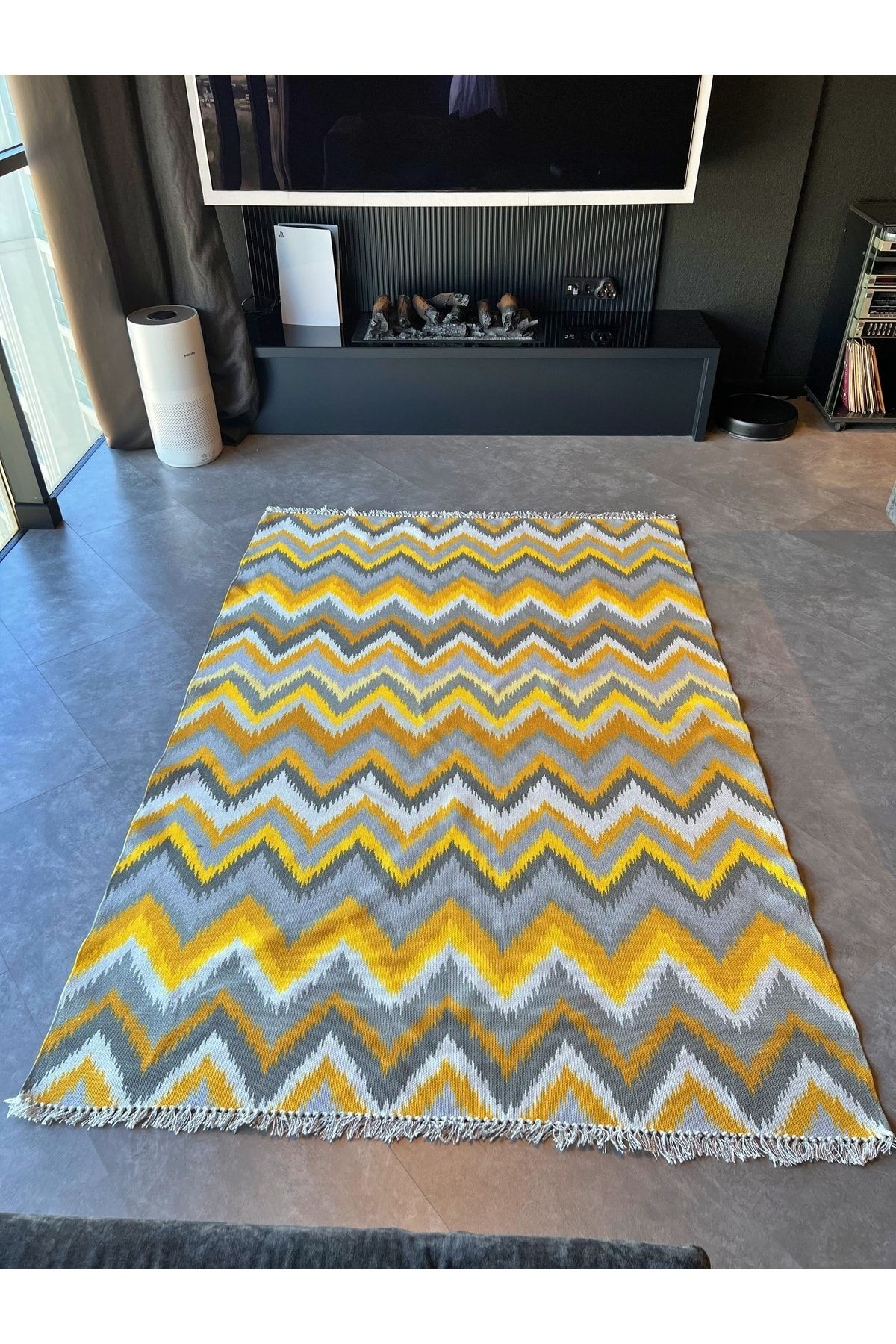 Cotton 543 Sarı Ve Gri Zigzag Desenli Kilim