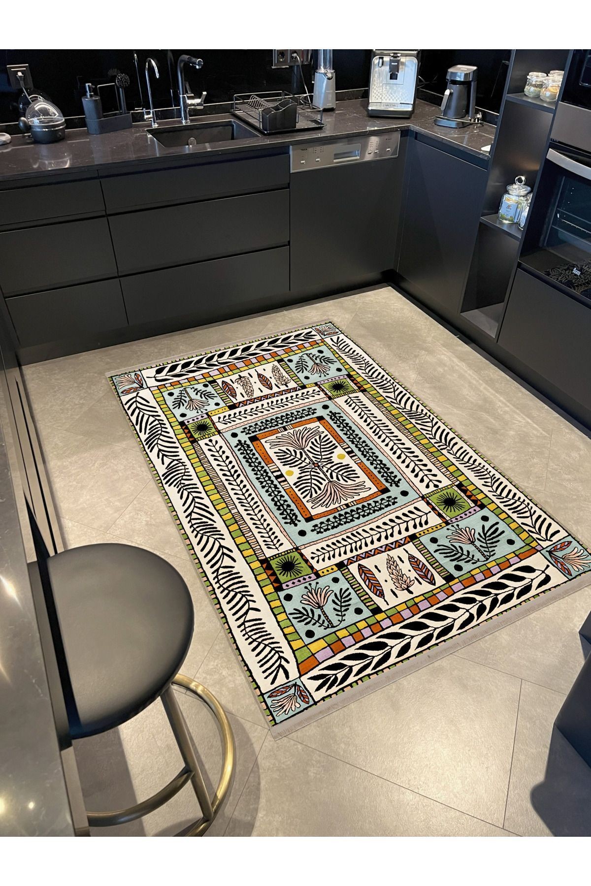Çok Renkli Karma Soyut Çiçek Desenli Saçaklı Modern Dekoratif Halı 3165