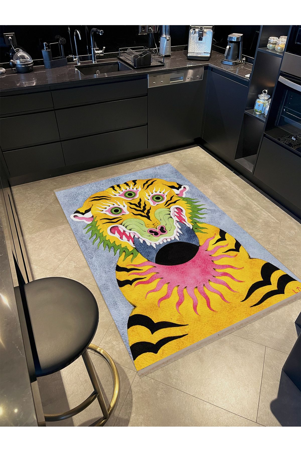 Özge Koleksiyonu Çok Renkli Güneş ve Ay Detaylı Üç Gözlü Kaplan Desenli Dokuma Taban Halı özge35