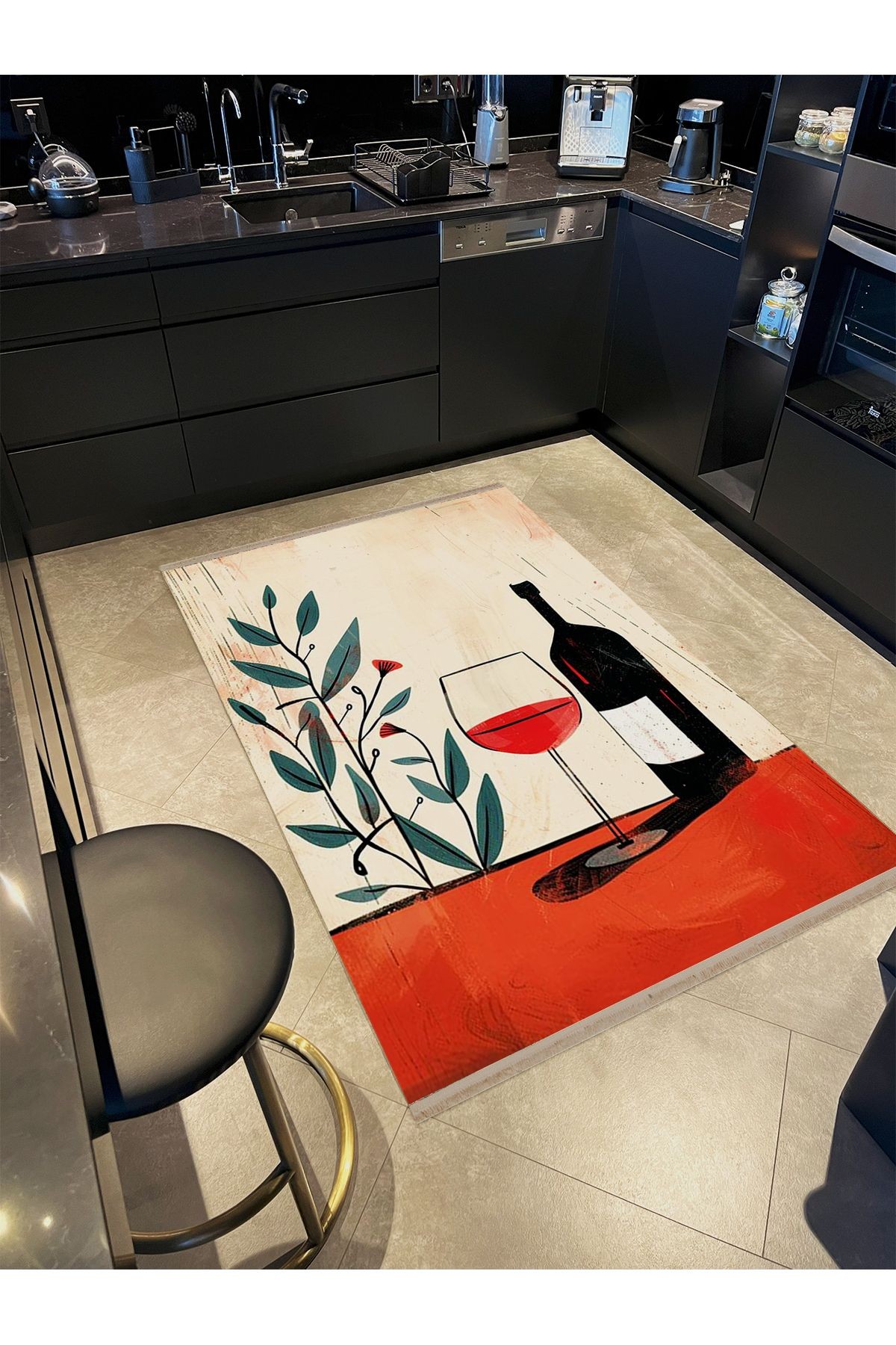 Asena Koleksiyonu Sanatsal Tasarım Soyut Şarap ve Kadeh Desenli Modern Dekoratif Halı 44