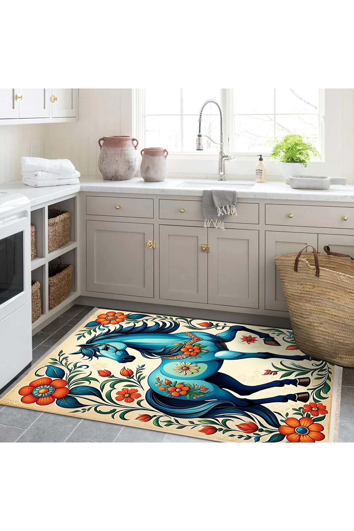 Özge Koleksiyonu Turuncu Çiçek Detaylı Mavi At Desenli Dokuma Taban Modern Dekoratif Halı özge10