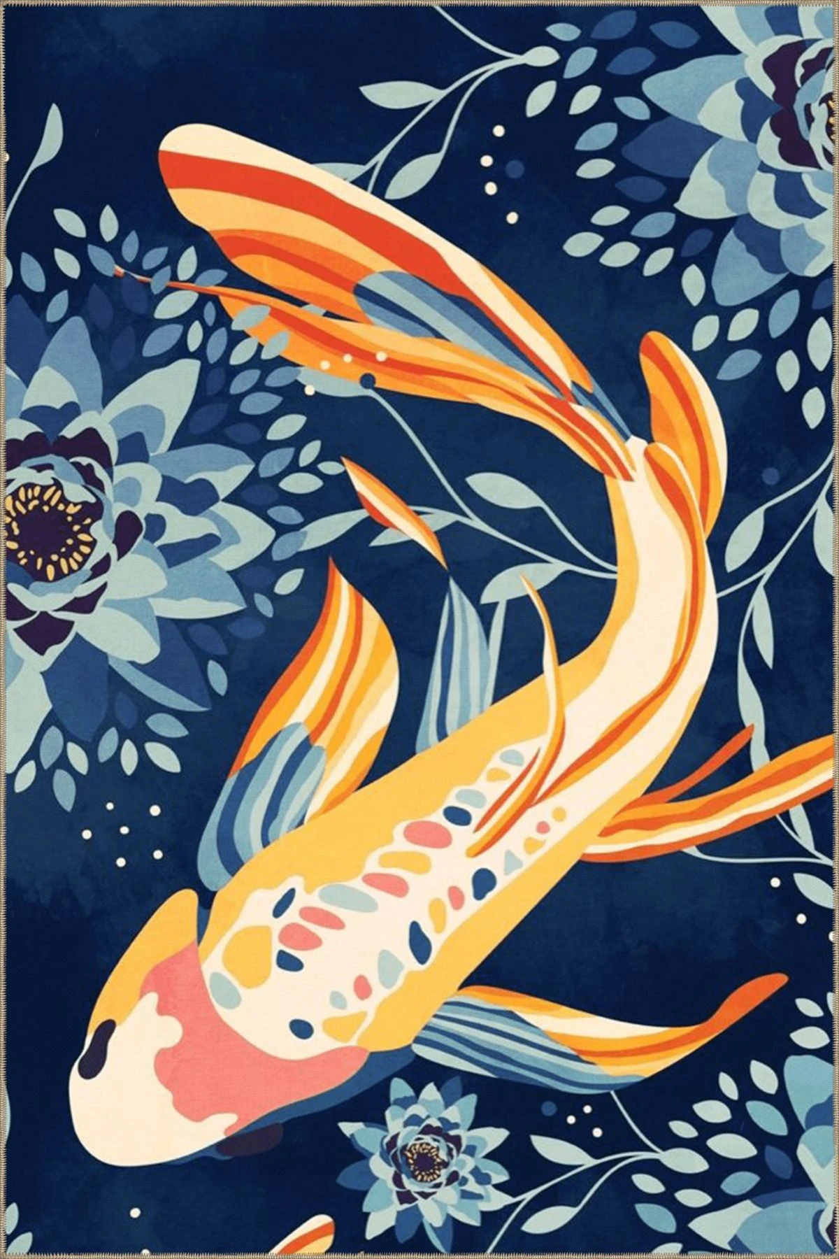 Lacivert Temalı Gül ve Koi Balığı Desenli Kreatif Modern Dekoratif Halı 5068