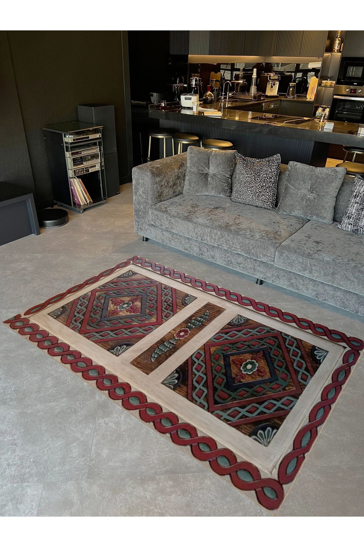 Seda Koleksiyonu Bordo Bej Yeşil Antik Desenli Dokuma Taban Modern Dekoratif Halı seda03