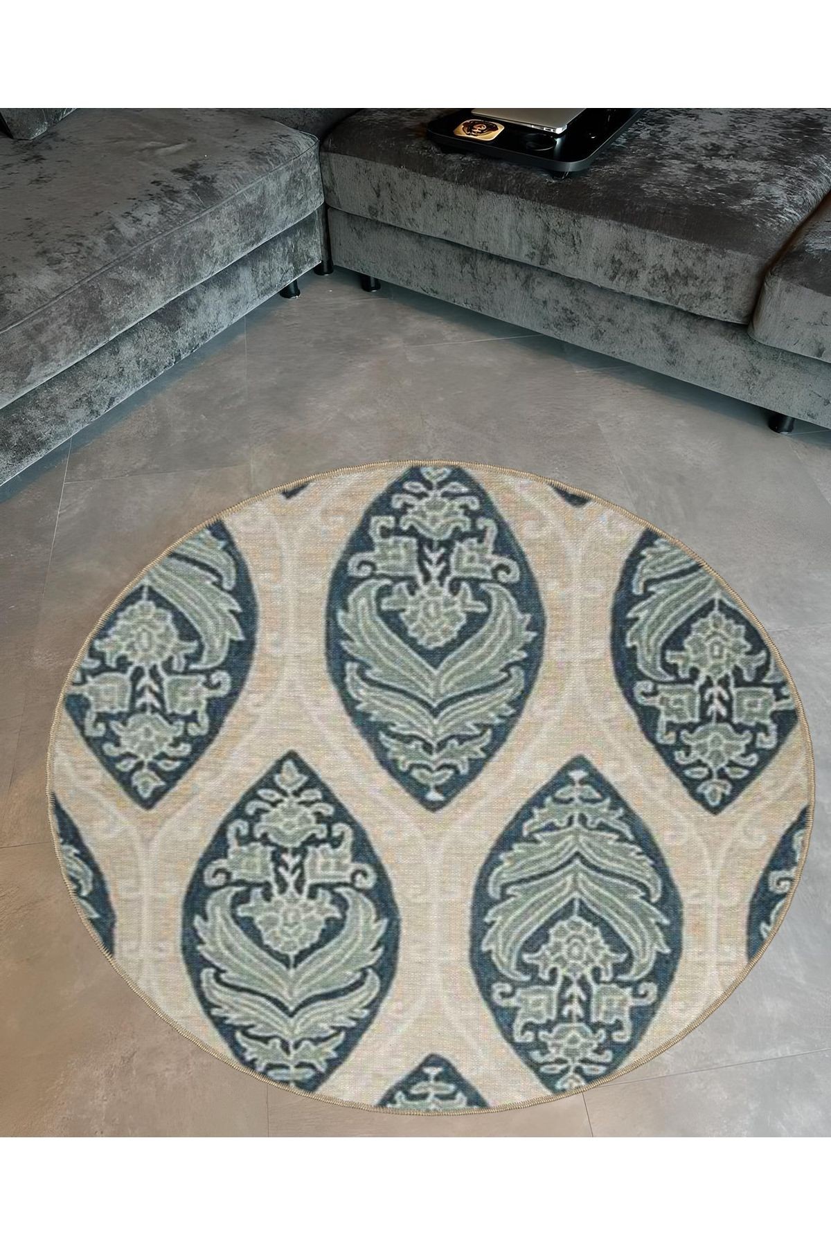Bej Tema Floral Desenli Yuvarlak Dokuma Taban Vintage Dekoratif Halı 6054