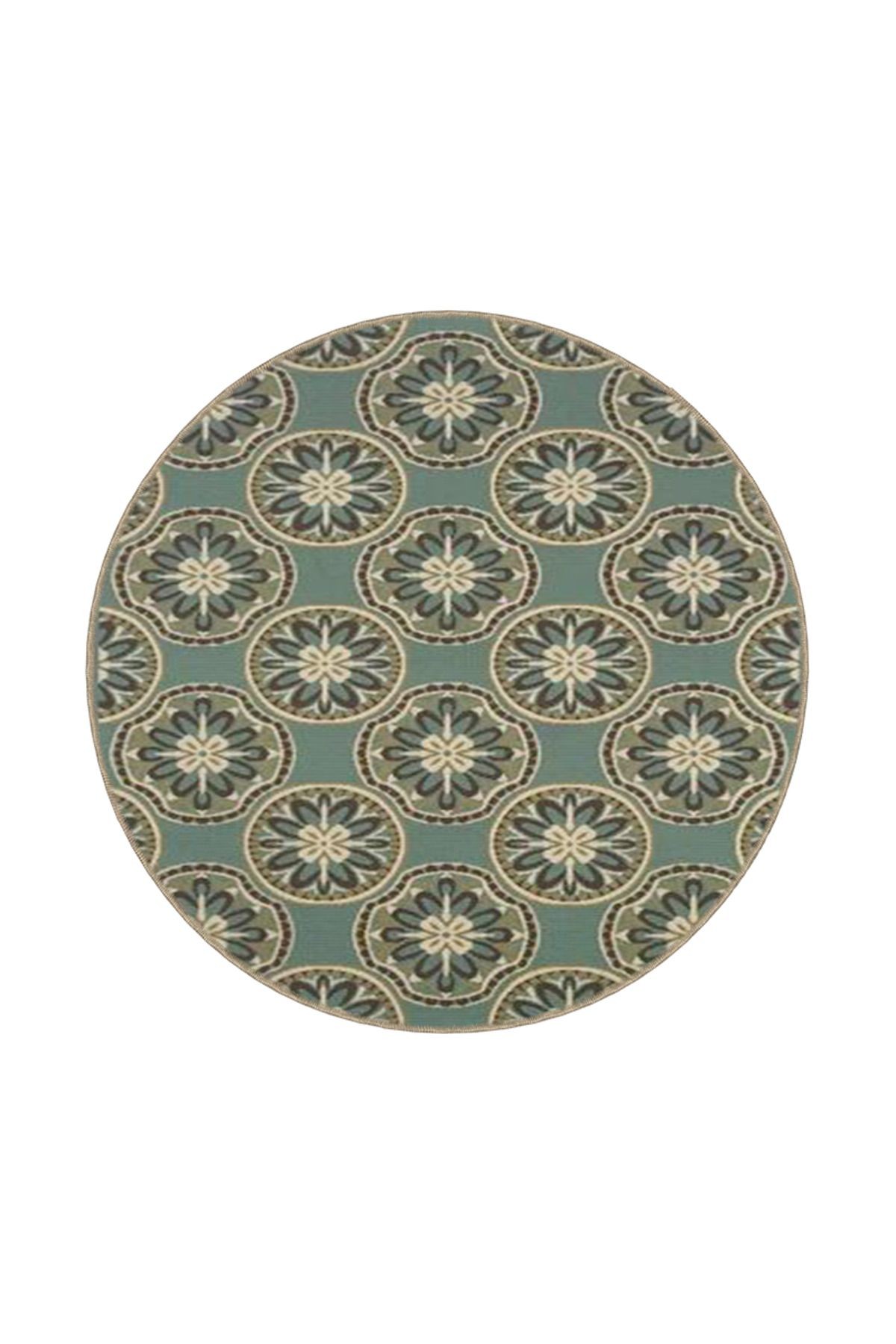 Yeşil Top İçinde Çiçekli Geometrik Şekilli Desenli Dekoratif Yıkanabilir Halı miravip8434
