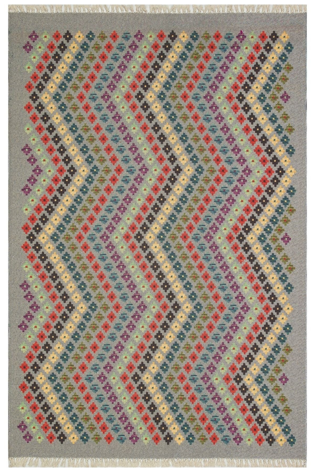Cotton 518 Gri Renkli Desenli Saçaklı Kilim