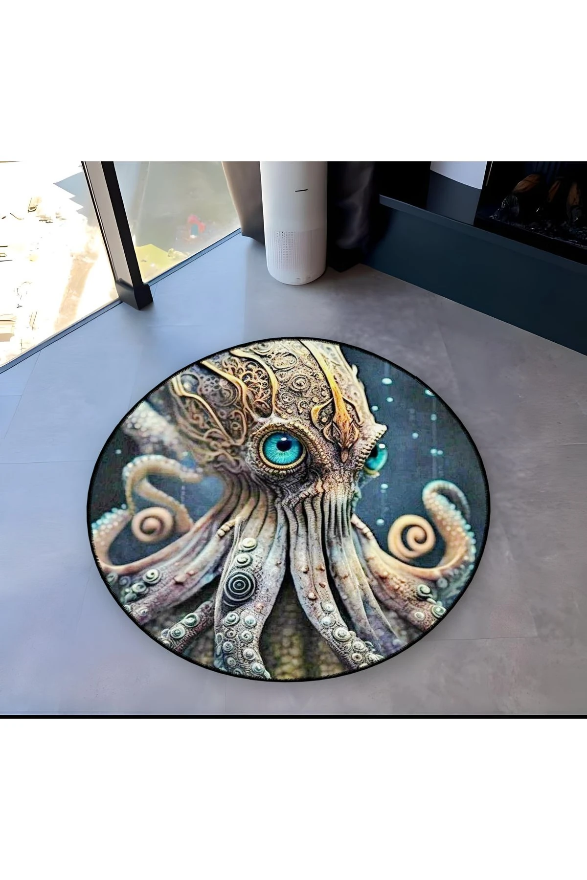 Mira Yuvarlak Mavi Gözlü Ahtapot Desenli Dokuma Taban Modern Dekoratif Halı 5634