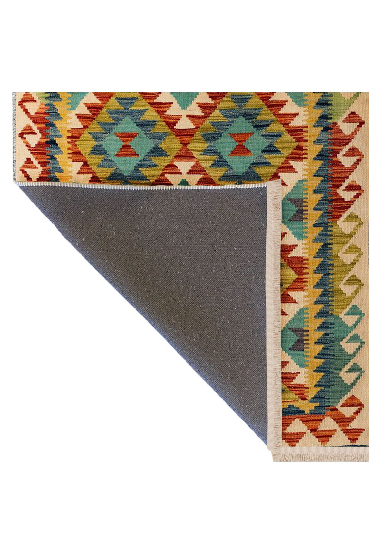 İnci Koleksiyonu Çok Renkli Etnik Geometrik Desenli Dokuma Taban Vintage Dekoratif Halı inci03