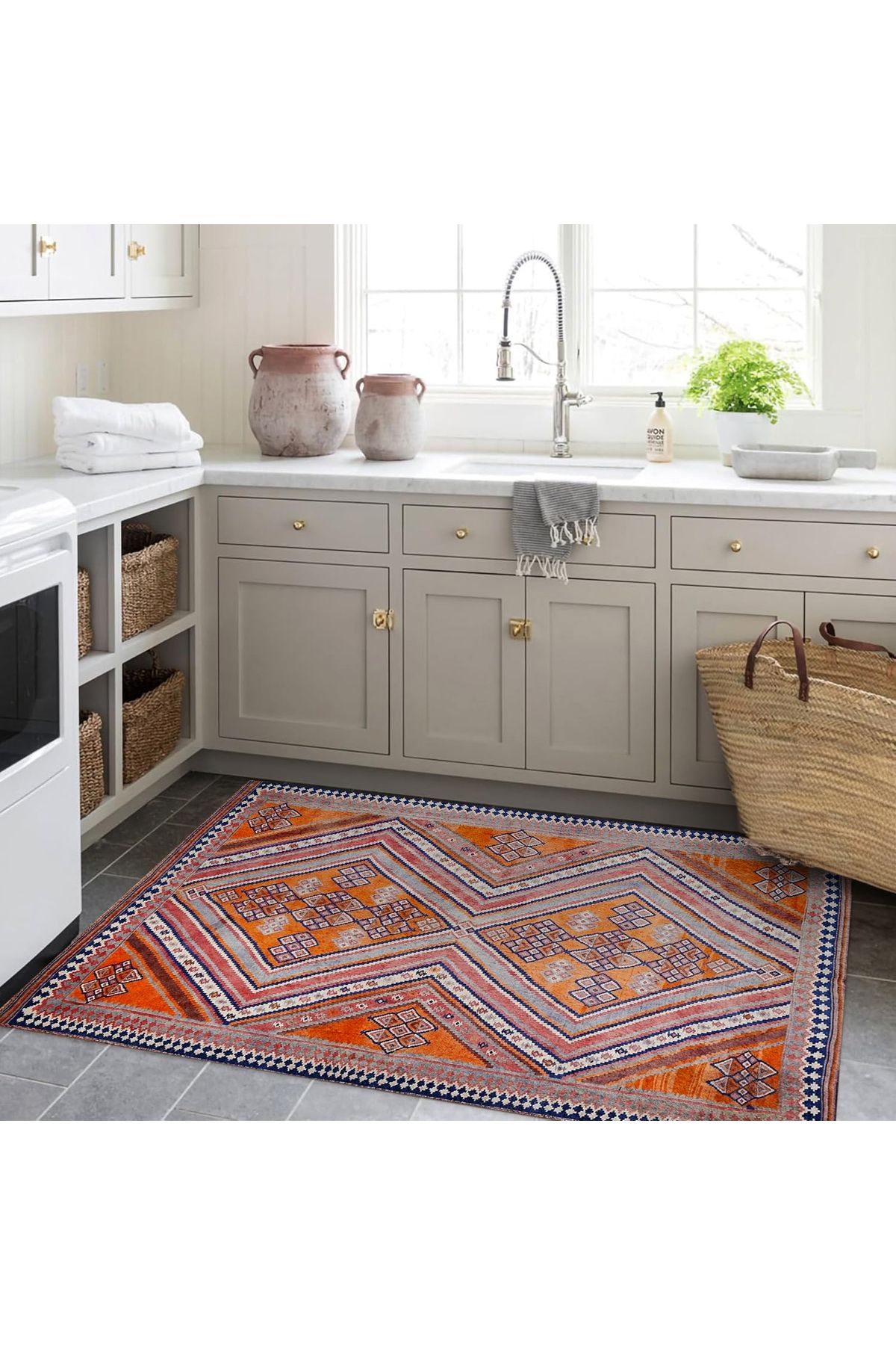 Mete Koleksiyonu Turuncu Temalı Etnik Motifler ve Geometrik Desenli Vintage Dekoratif Halı 48