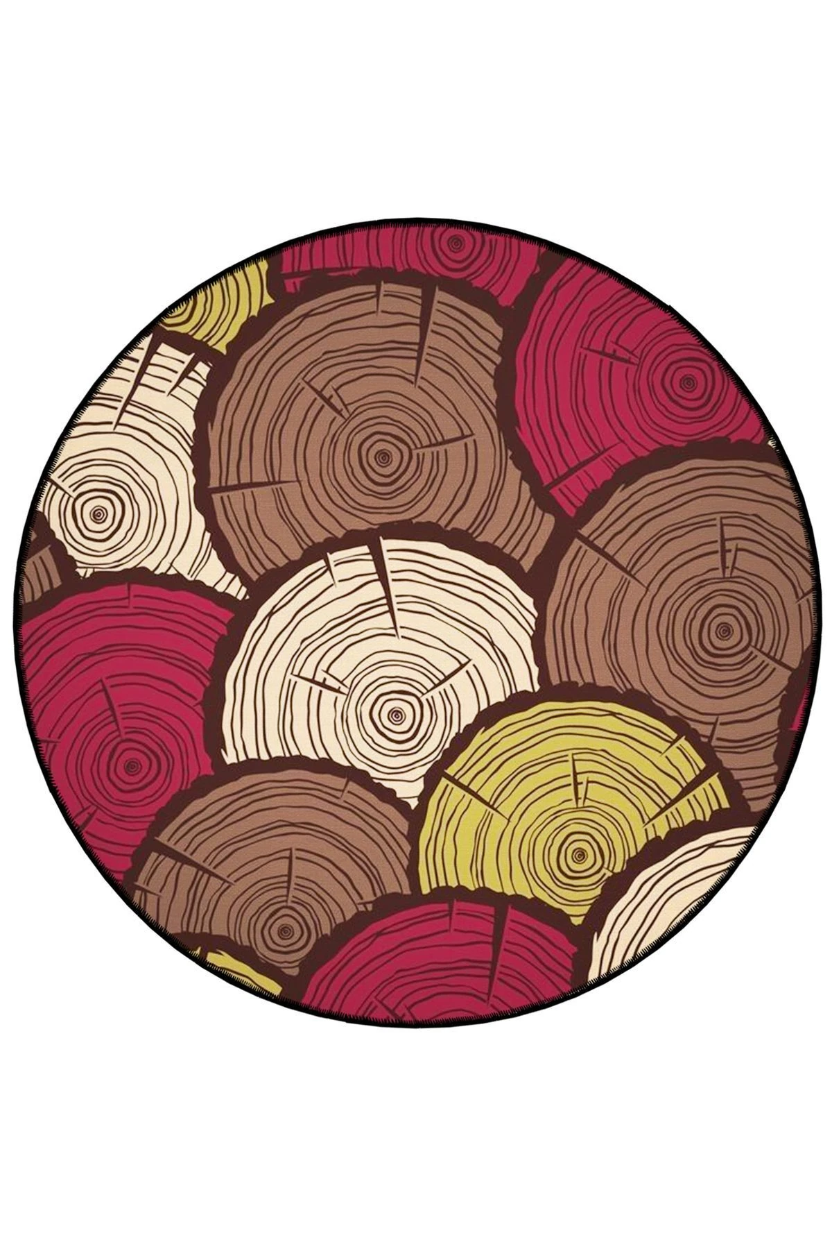 Mira Yuvarlak Soyut Odun Görünümü Kahve Kırmızı Detaylı Dokuma Taban Modern Dekoratif Halı 5615