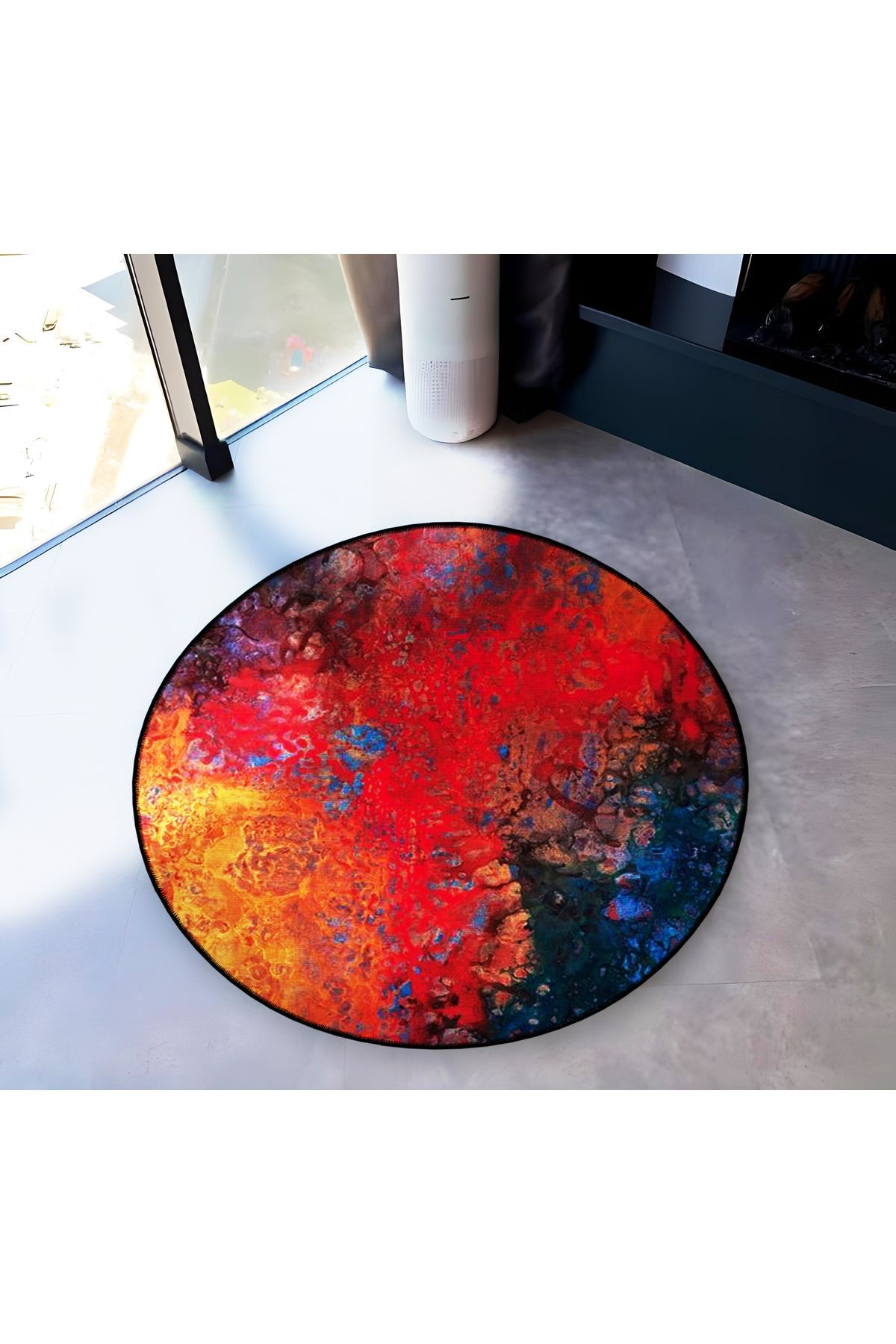 Kırmızı Temalı Soyut Desenli Yuvarlak Dokuma Taban Modern Dekoratif Halı 6153