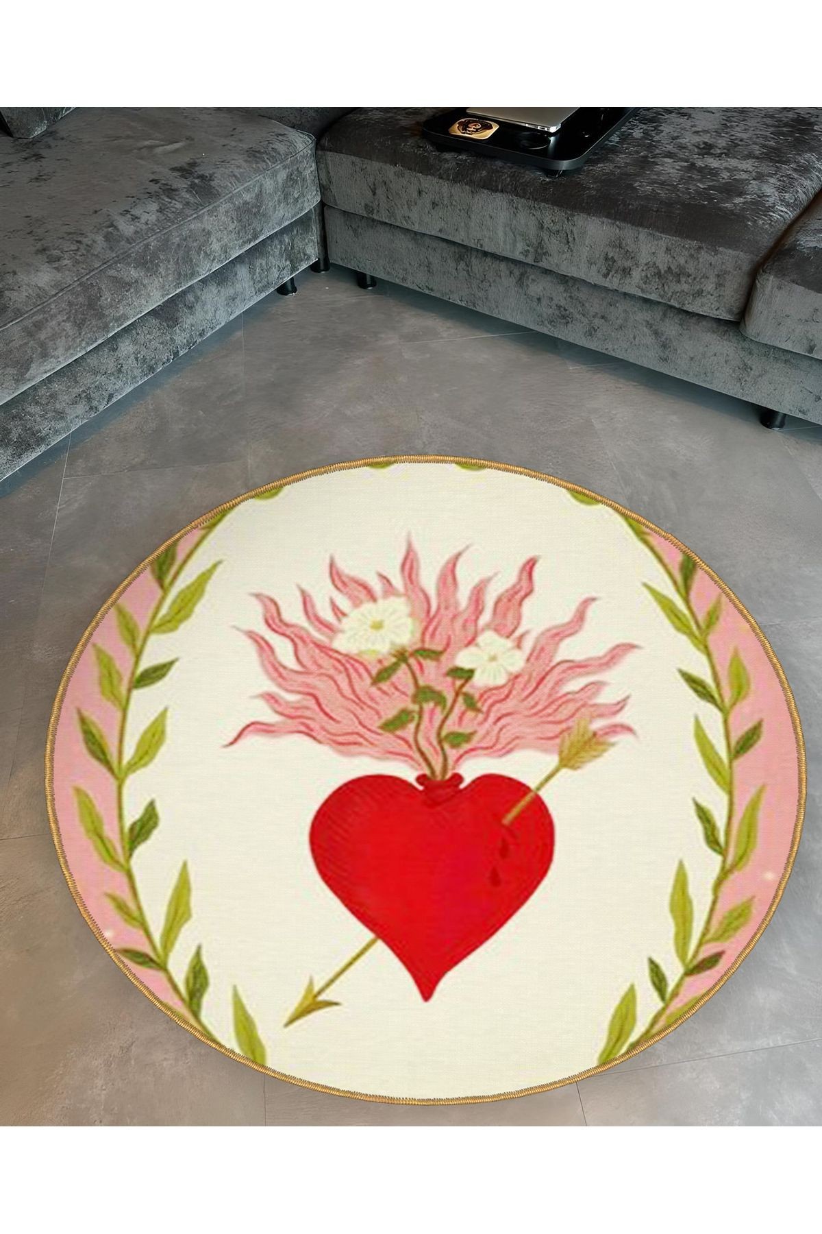 Açık Ton Kalp ve Çiçek Desenli Yuvarlak Dokuma Taban Modern Dekoratif Halı 6108