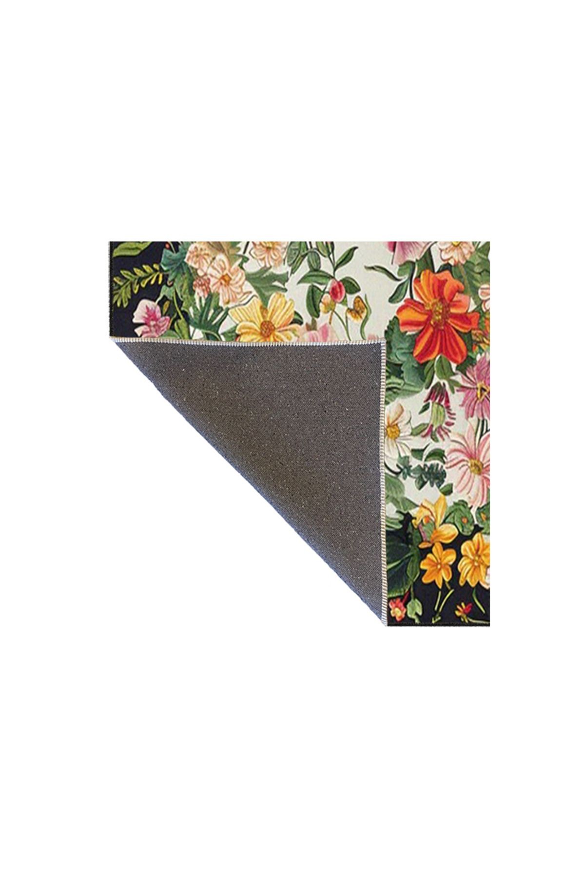 Paris Koleksiyonu Yeşil Tema Çok Renkli Floral Çiçek Motifleri Desenli Vintage Dekoratif Halı 130